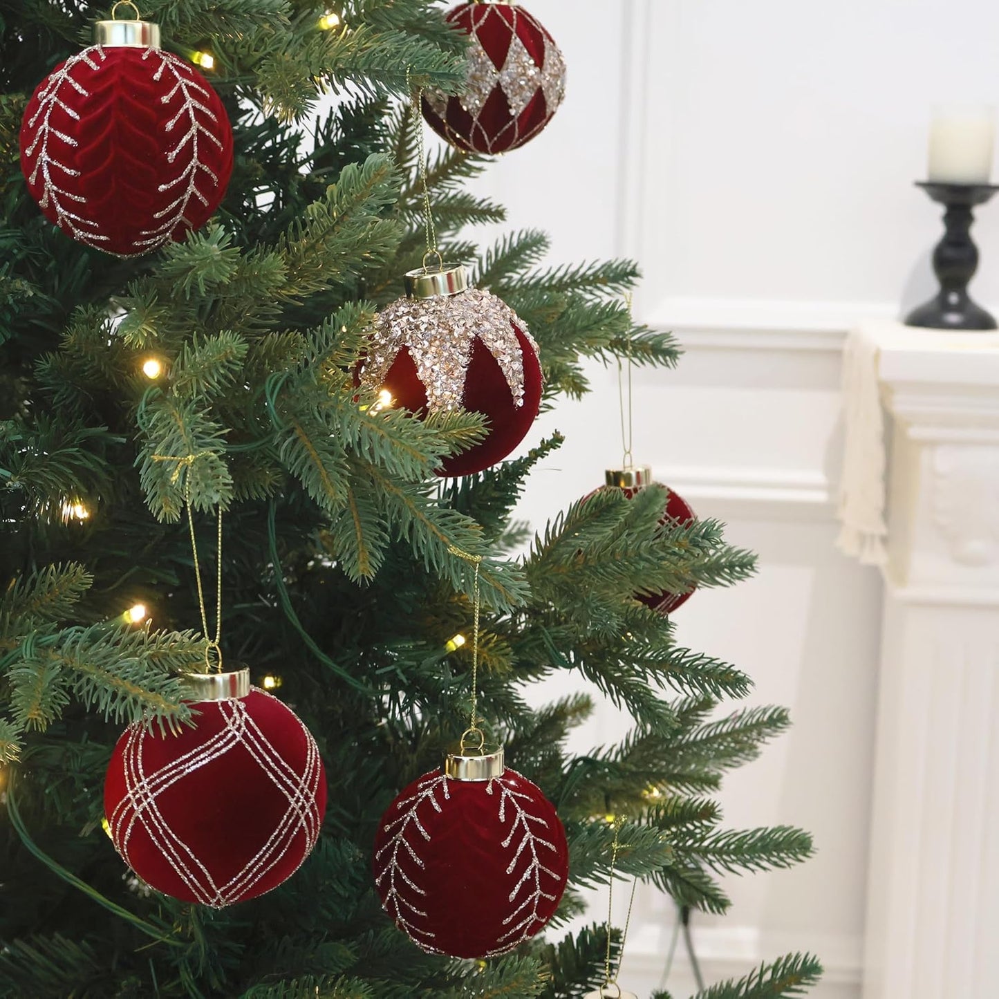 3.15INCH Burgundy Velvet Ornaments for Christmas Tree, 12PCS Glitter Flocked Christmas Ornaments Decorations Balls Set Decor