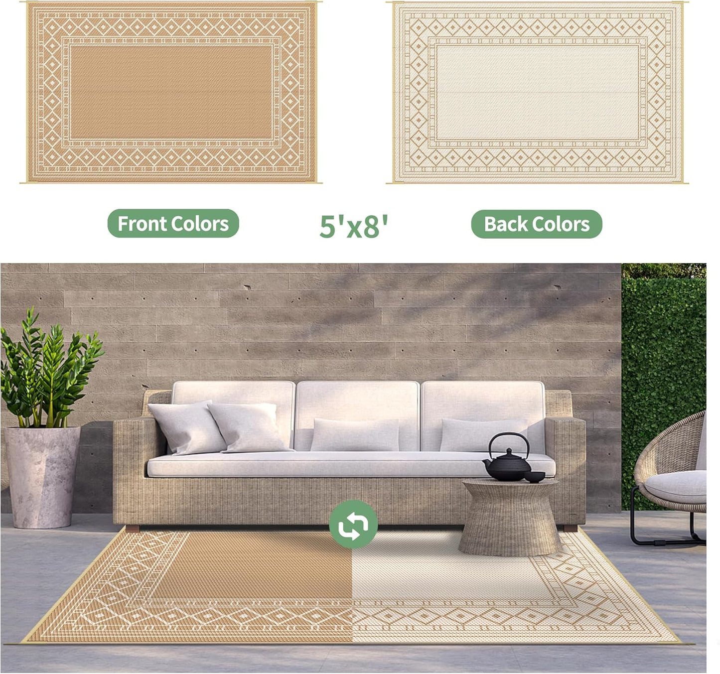 GENIMO Outdoor Rug 5'x8' Waterproof for Patio Decor, Reversible Outdoor Plastic Straw Rug Carpet, Camping Mats for Outdoor, RV, Backyard, Deck, Balcony, Picnic, Brown & Beige