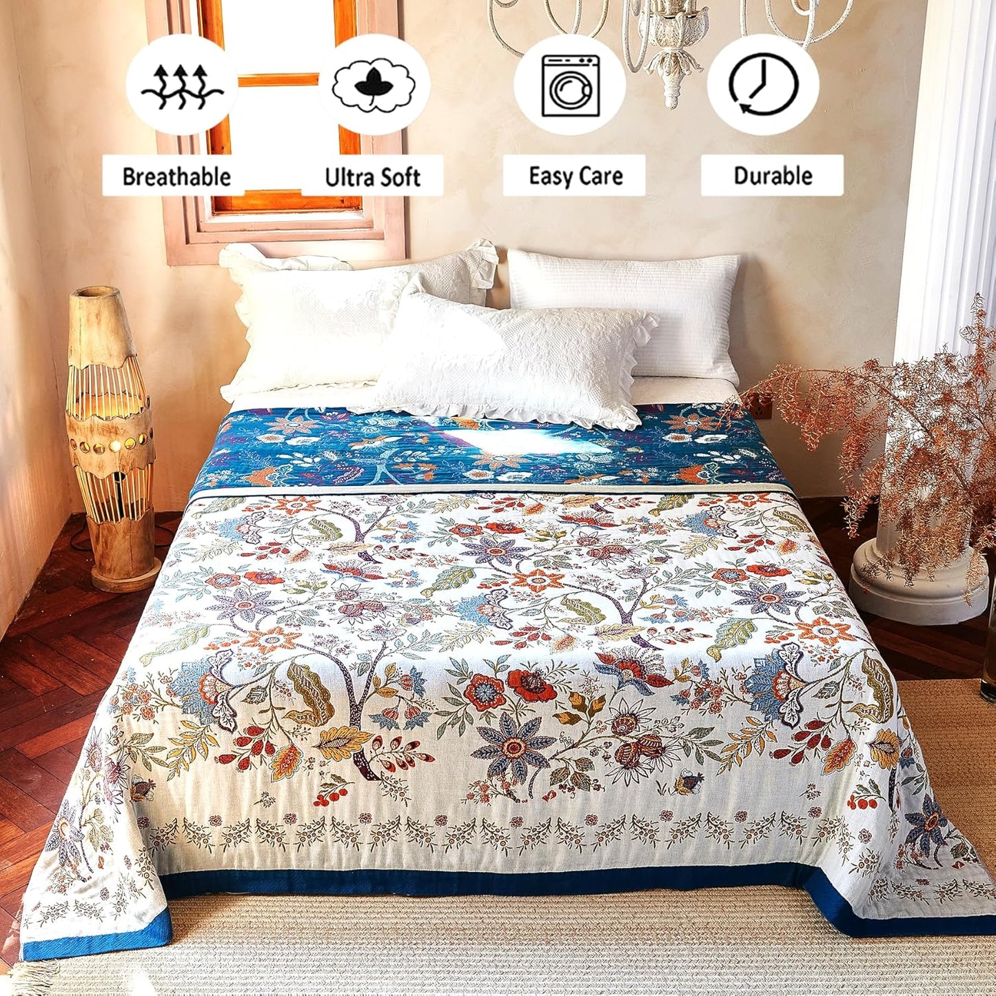 Boho Throw Blanket, 100% Organic Cotton Breathable Ultra Soft Bed Quilt Throw - All Season Floral Bird Butterfly Farmhouse Decor Blanket for Sofa Couch Chair and Gift. 60" x 80"