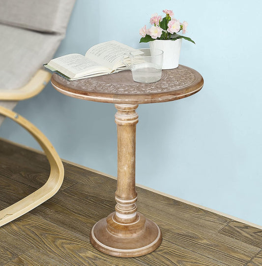 Lightnpro Carved Round End Table with Single Pillar - Handcrafted Accent Bedside Nightstand Side End Table for Living Room, Entryway, Vintage Desk for Books, Plants & Décor - 18x22 Inch - White Wash