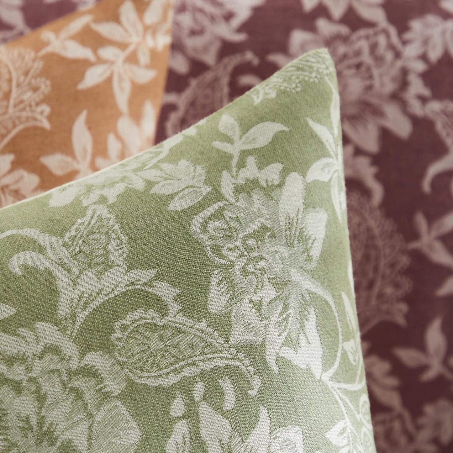 Floral Jacquard Throw Pillow Covers Set of 2, Background/Green 16x16 Inch, Farmhouse Decorative Cotton Sage Green Cushion Covers for Sofa Bed Living Room Home Decor