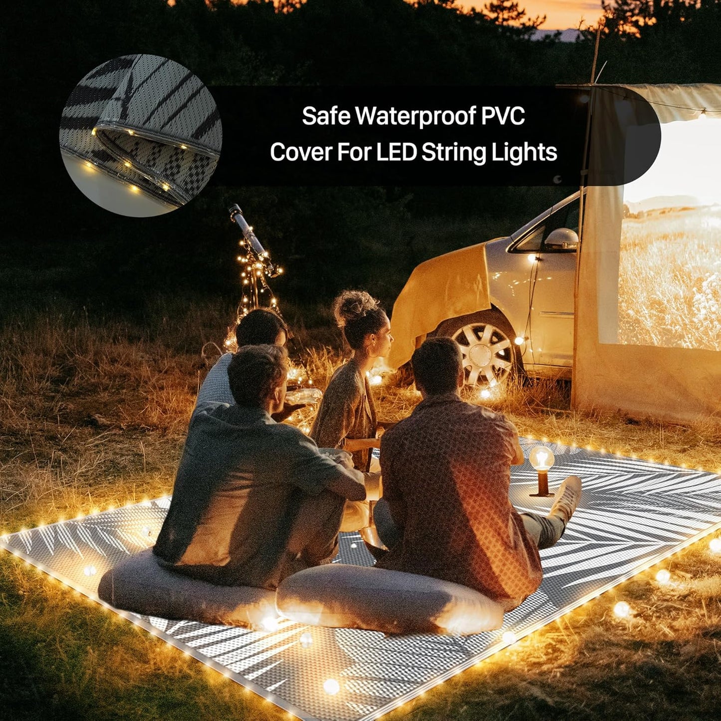GENIMO Outdoor Rug 9' x 12' Waterproof for Patios Clearance, Reversible Outdoor Plastic Straw Camping Rug Carpet with LED String Light, Area Rugs Mats for RV, Camper, Deck, Balcony, Porch, Grey&White