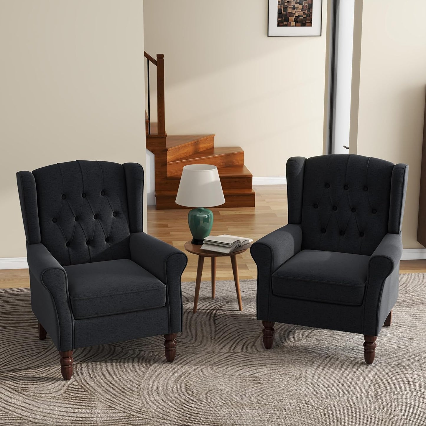 UIXE High Back Accent Chairs Set of 2, Upholstered Armchair in Fabric, Retro Wingback Arm Chair for Living Room, Comfy Single Sofa Bedroom Reading Seat with Solid Wood Legs - Black Blue