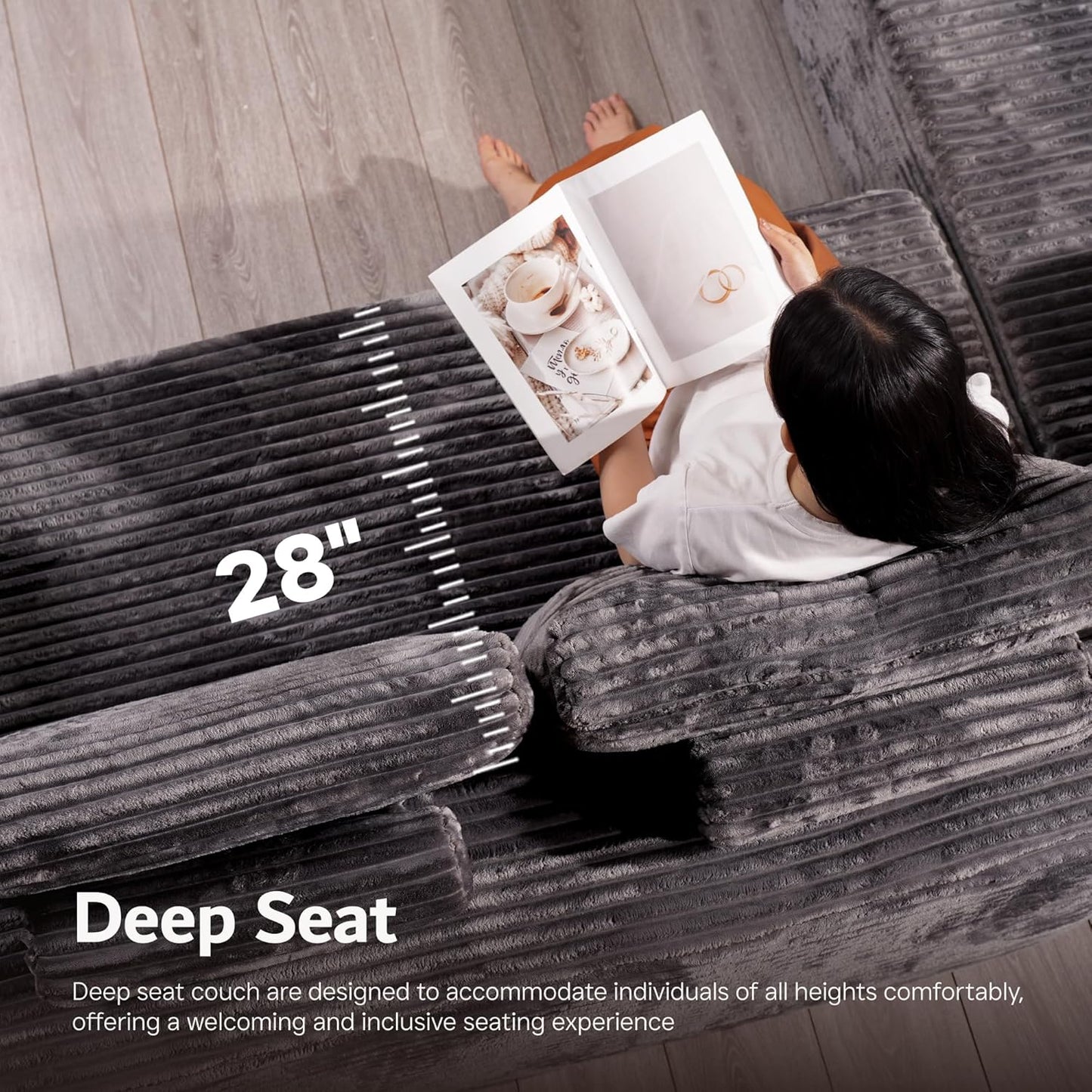 ovios Sectional Cloud Couch for Living Room, Modular Floor Sofa with Plush Corduroy, No Assembly Required, Big Comfy Couches Set with Fluffy Memory Foam, Stupendous U Shaped Sofas with Chaise, Black