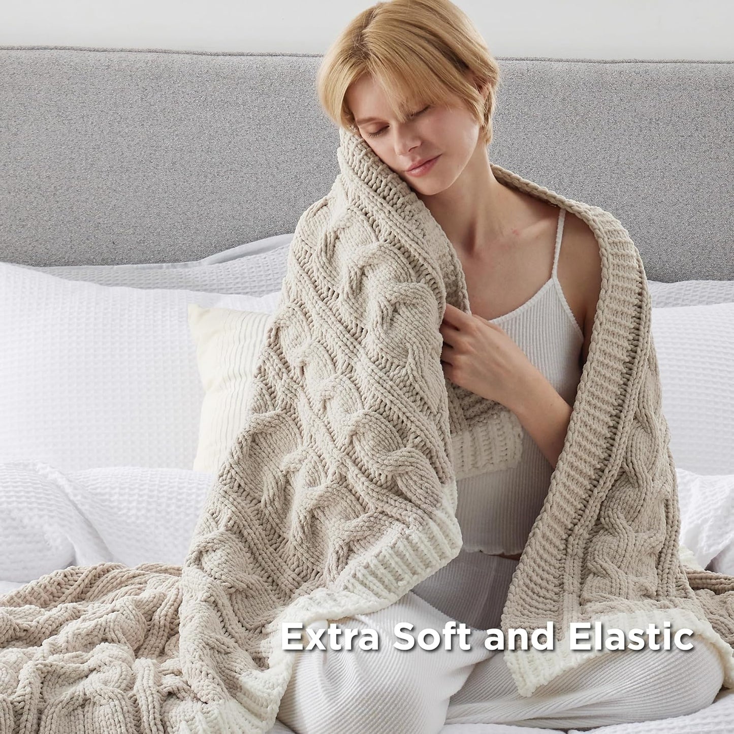 Bedsure Cable Knit Throw Blanket for Couch Bed - Breathable Chenille Chunky Knit Throw Blanket for Decorative Gift, GentleSoft Cozy and Warm for Winter and All Seasons, Beige, 50x60 Inches