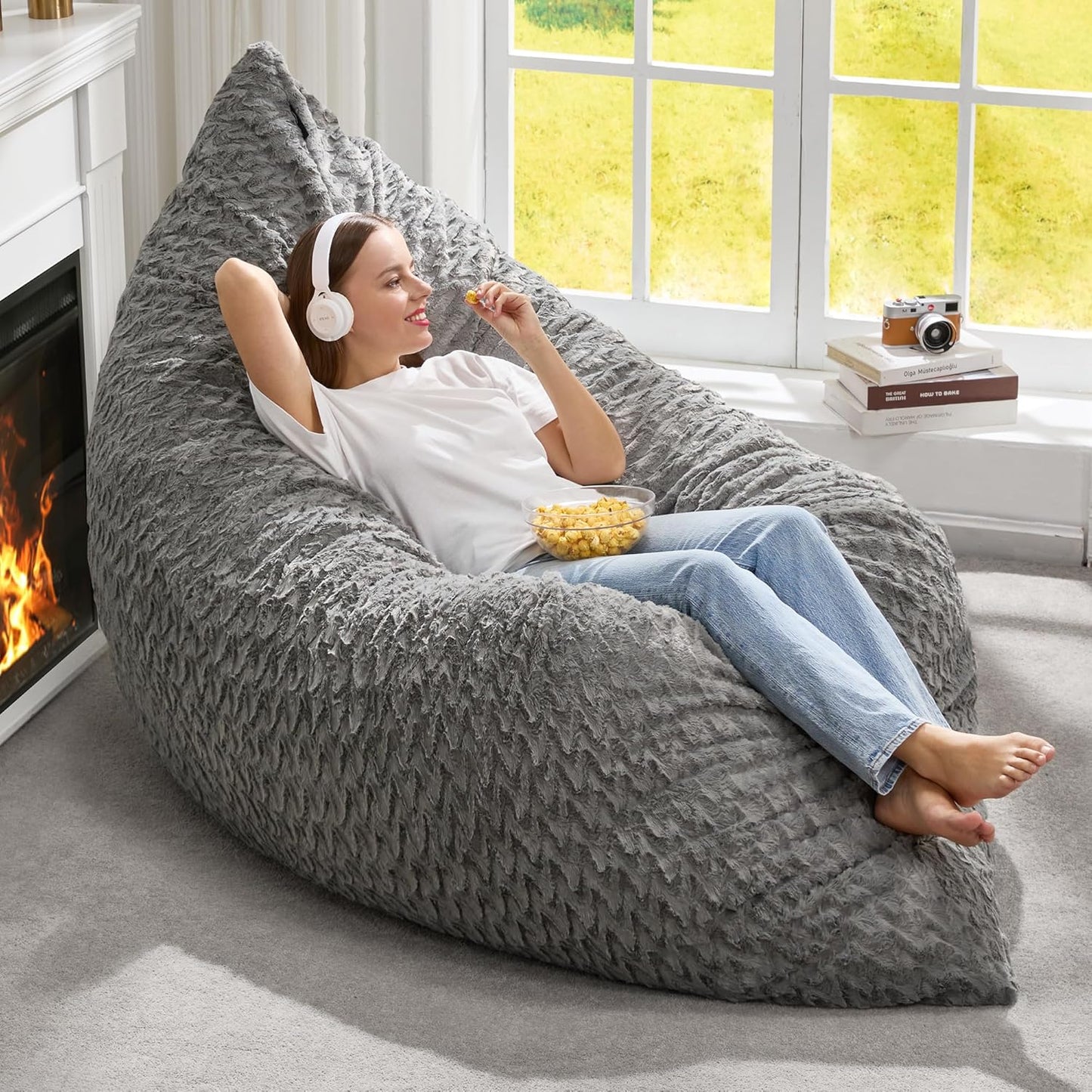 Hobestluk 3 in 1 Bean Bag Chair Giant Bean Bag Chairs for Adults with Chevron Plush Fur Cover Convertible Bean Bag Floor Cushion with Machine Washable Cover for Living Room (Chevron Plush Grey)