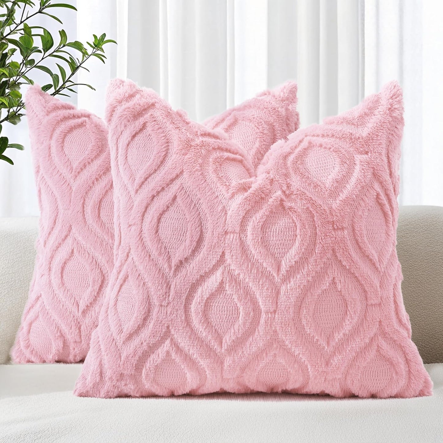 decorUhome Throw Pillow Covers 24x24 Inch Set of 2, Soft Plush Decorative Faux Fur Light Pink Solid Couch Pillow Covers, Accent Farmhouse Neutral Square Euro Pillow Cases for Sofa Bed Living Room