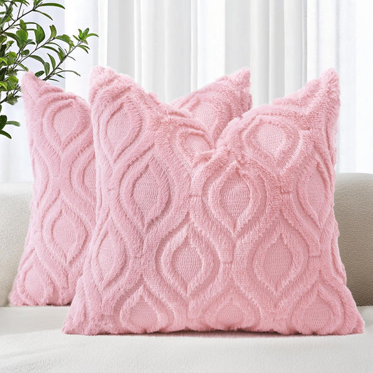 decorUhome Throw Pillow Covers 18x18 Inch Set of 2, Soft Plush Decorative Faux Fur Light Pink Solid Couch Pillow Covers, Accent Farmhouse Neutral Square Euro Pillow Cases for Sofa Bed Living Room