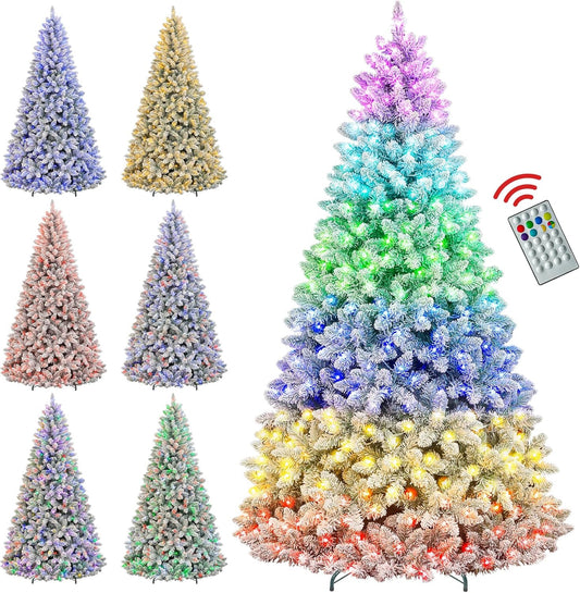 7.5ft Lighted Snow Flocked Christmas Tree with Remote Control, 450 Multi-Color RGB Lights, 1446 PVC Branch Tips, 15 Mode Artificial Hinged Christmas Tree for Home
