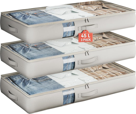 Under Bed Storage Containers with Window, Closet Organizers and Storage Bags, Foldable Underbed Storage Bags for Blankets, Clothing, Comforter, Linen Sheets, Wrapping Paper, 3 Pack, Grey