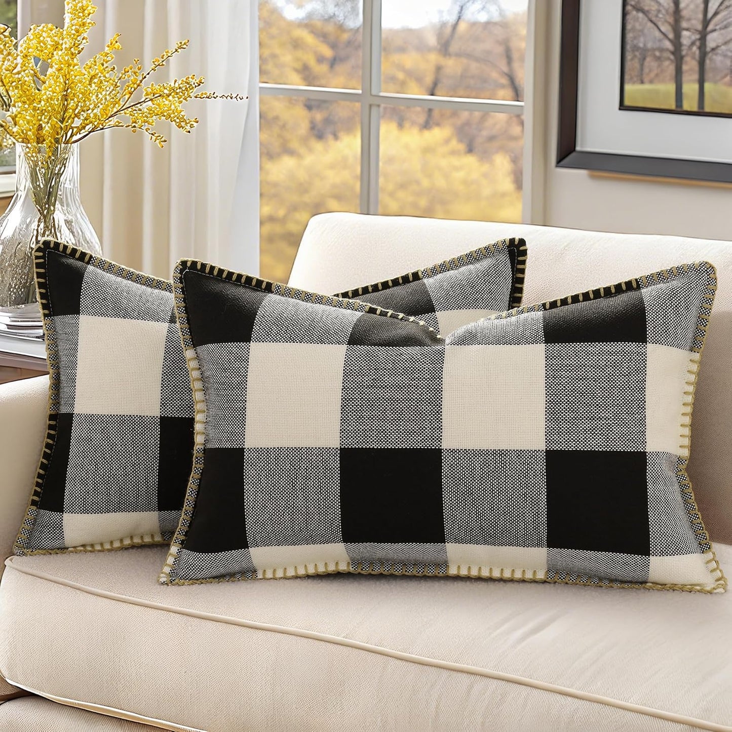 decorUhome Buffalo Plaid Check Throw Pillow Covers 12x20 Set of 2, Outdoor Lumbar Decorative Farmhouse Neutral Pillow Covers with Stitched Edge for Bed Couch Sofa, Black and White