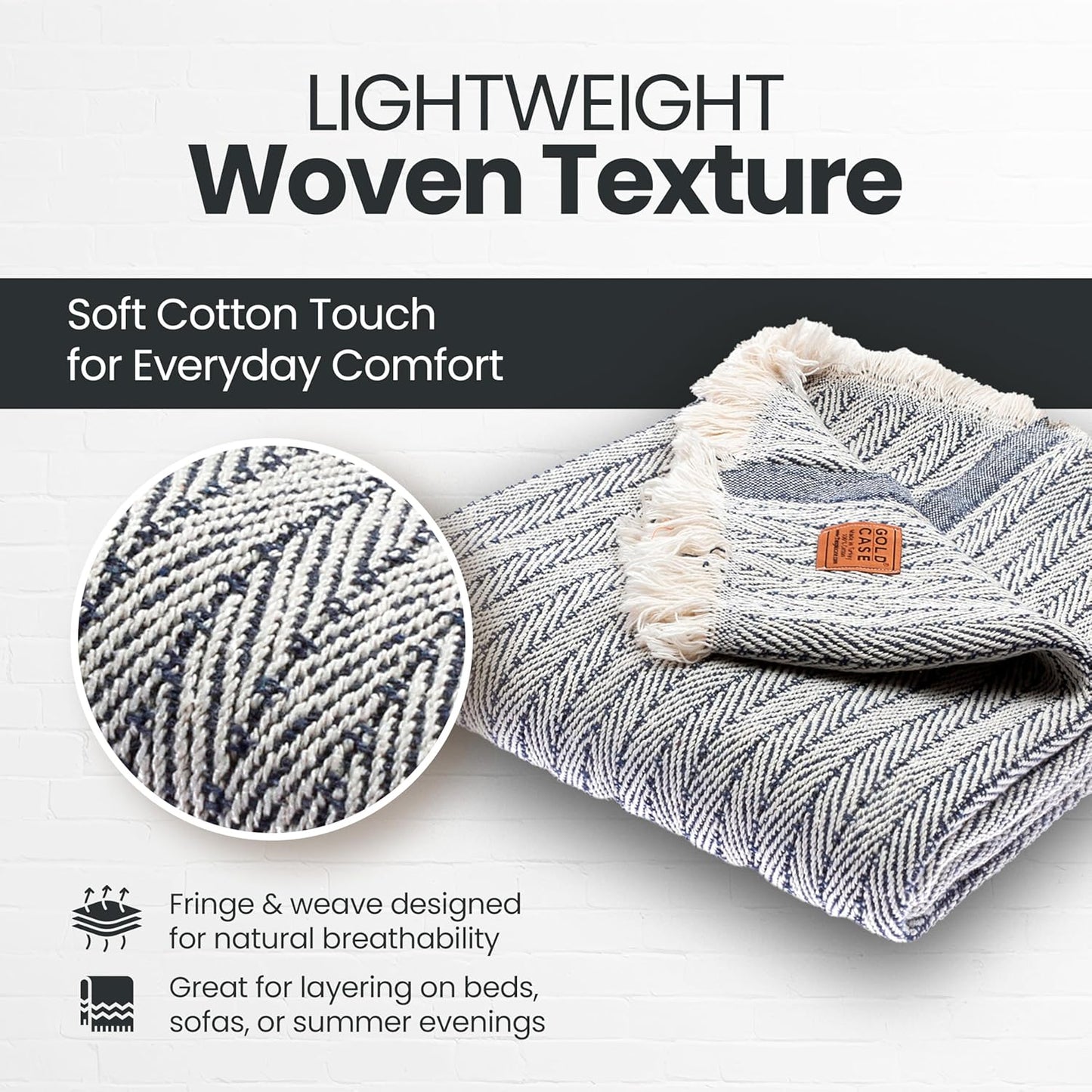 Gold Case Throw Blanket for Couch – 100% Recycled Turkish Cotton Blankets & Throws – Elegant Decorative Throw Blankets for Living Room Sofa – Woven Throws for Couch – Vintage Navy Blue – 60x80