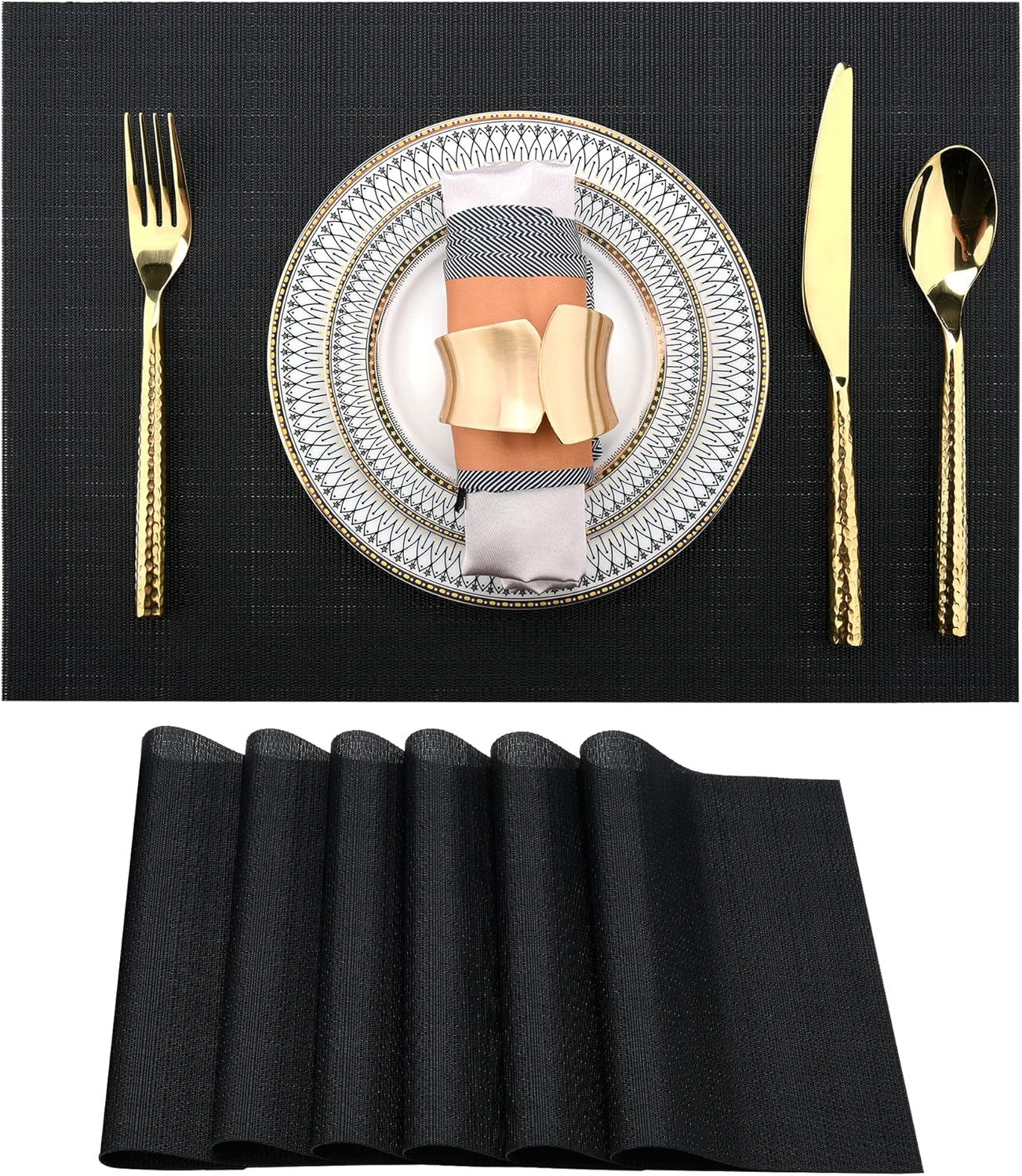 Black Placemats Set of 6 - Easy Clean Washable Vinyl Placemats - Wipeable Heat Proof Table Mats for Dining Table - 17x12 Inch (Pure Black, 6)
