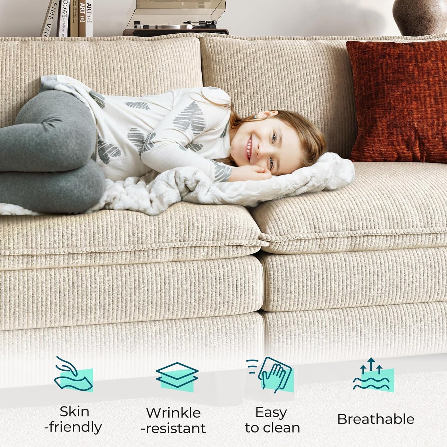 LINSY HOME Sofa Chair with Movable Ottoman - Corduroy Cloud Couch Chair Soft Comfy Modern Sofa Chaise Single Sleeper Chair Bed for Living Room Apartment Office, Beige