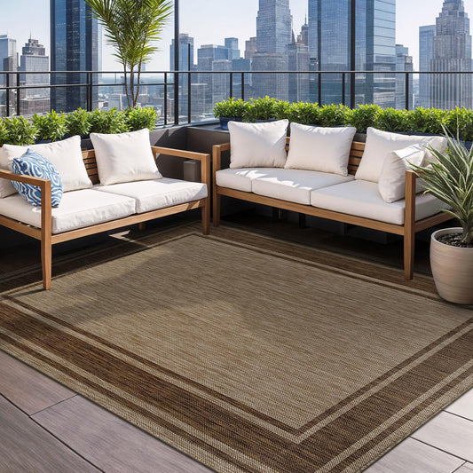 Beverly Rug Large Outdoor Rug 9x12 Modern Bordered Area Rugs for Indoor and Outdoor Patio Deck Porch Garden Waterproof Weather Sun Resistant Washable Outside Carpet (9 x 12 Jute)