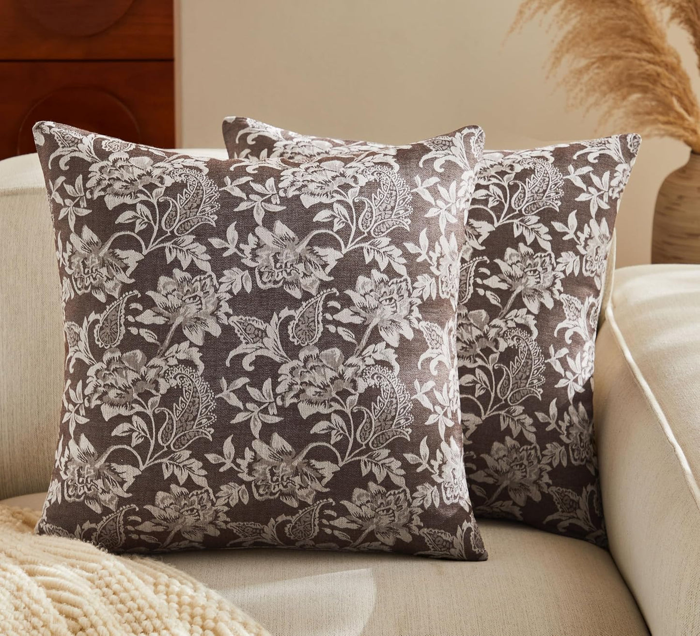 Floral Jacquard Throw Pillow Covers Set of 2, Background/Chocolate 18x18 Inch, Farmhouse Decorative Cotton Dark Brown Cushion Covers for Sofa Bed Living Room Home Decor