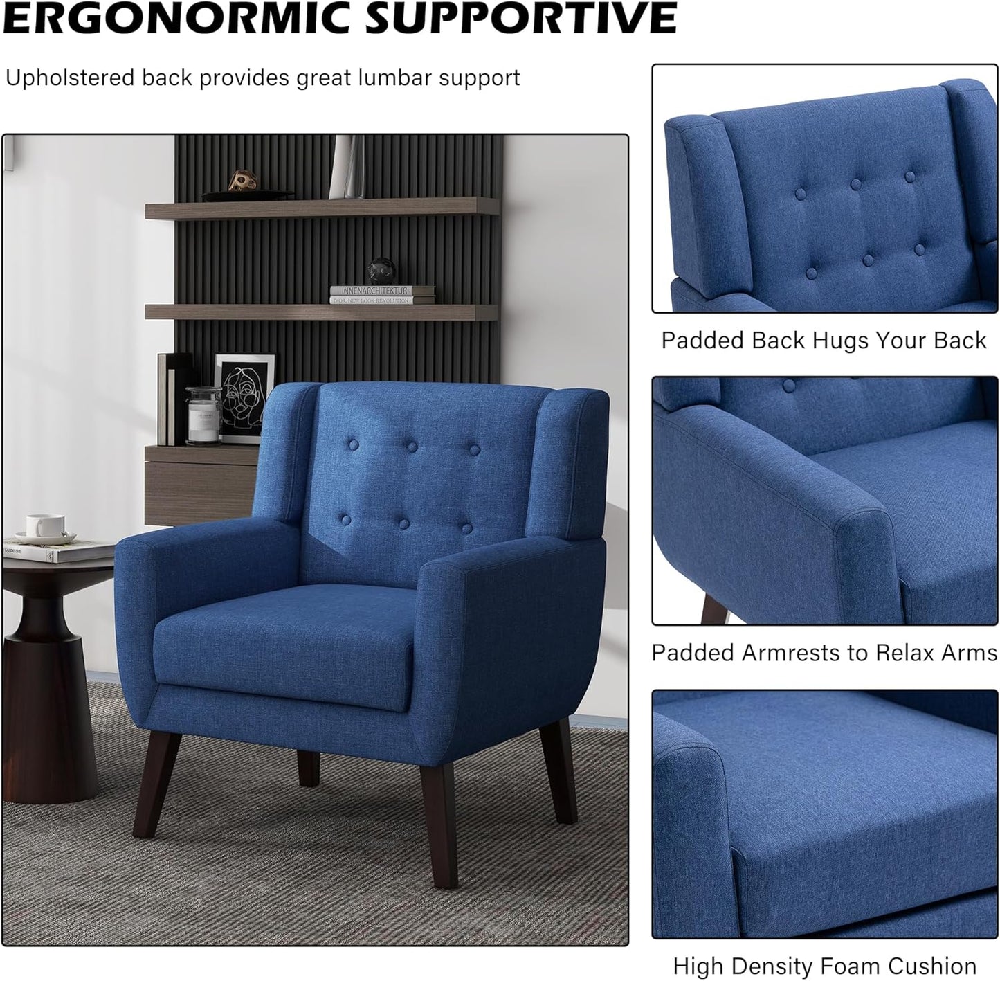 UIXE Accent Chair, Modern Upholstered Armchair in Fabric for Living Room, Comfy Club Arm Chairs Single Sofa Button Tufted Bedroom Reading Seat - Blue, Set of 4