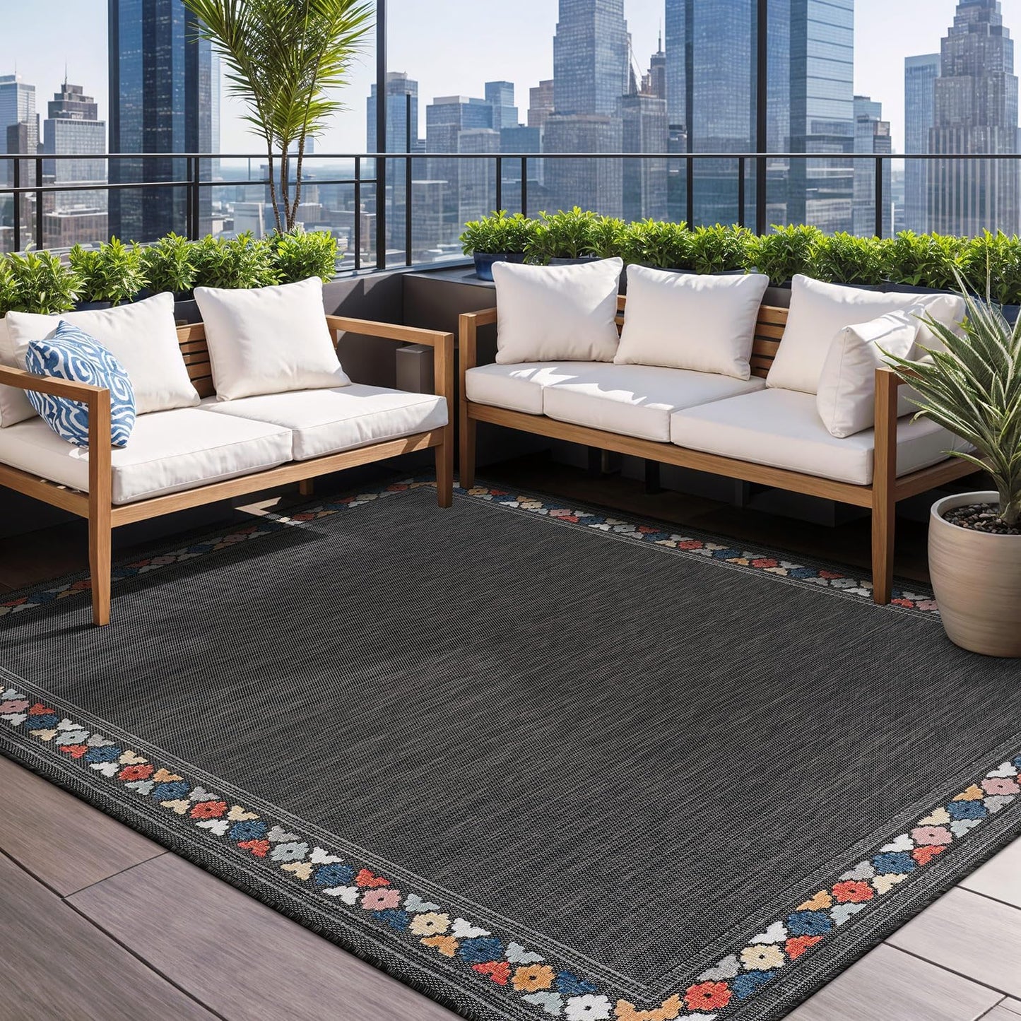 Beverly Rug Outdoor Rug 6x9 Modern Bordered Area Rugs for Indoor and Outdoor Patio Easy to Clean Non Shedding Living Room Porch Garden Washable Outside Carpet (6 x 9 Dark Gray)