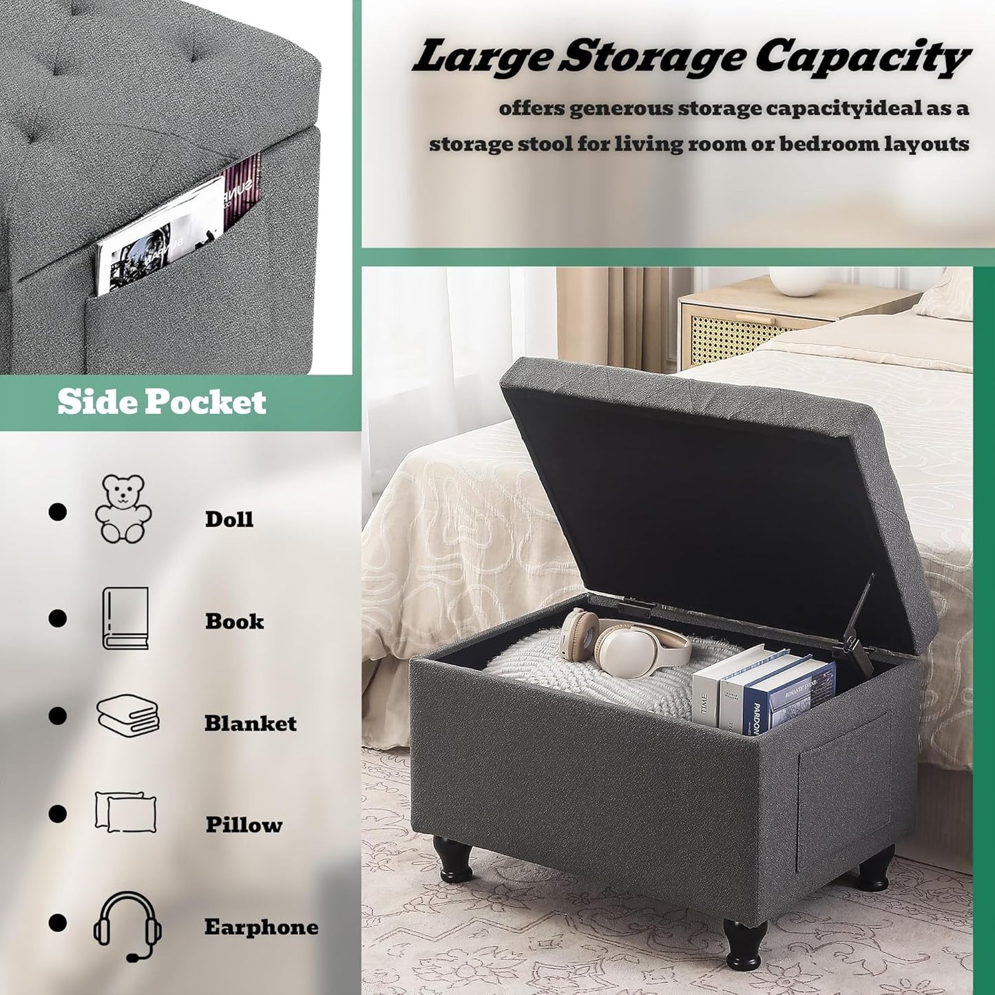 Ottoman with Storage 24'' Storage Ottomans Fabric Ottoman Footstools Small Upholstered Foot Rest Stool for Couch, Living Room, Bedroom, Entrance Shoe Bench Grey