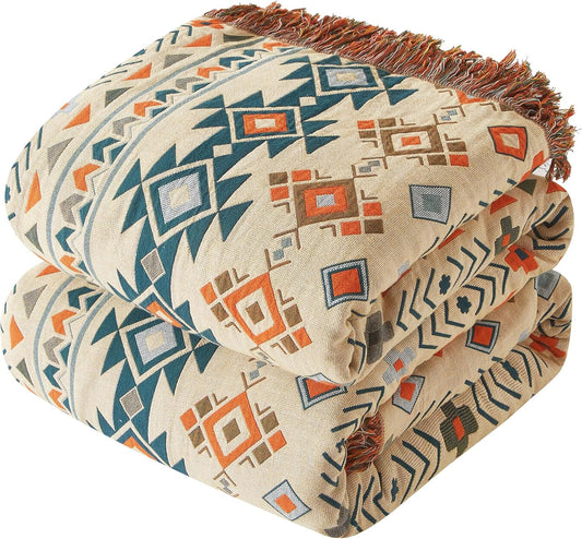Boho Throw Blanket for Couch Sofa Bed, 100% Cotton Woven Quilt with Tassel 60”x80”, Super Soft Muslin Blanket with Patchwork Printed, Decorative Reversible Bed Blanket/Cover for All Seasons