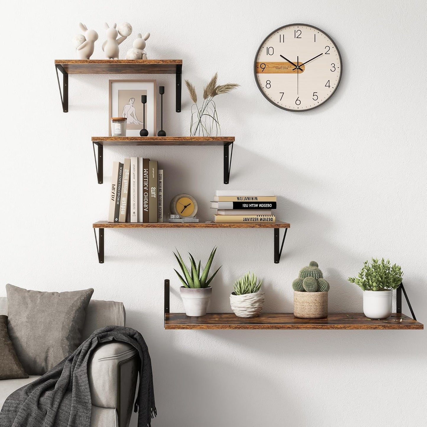 18"W x10"D Floating Shelves, Farmhouse Wall Shelves Home Decor Shelf, Deep Bathroom Shelves with Bracket, 10 Inch Deep Wall Shelf for Living Room, Kitchen, Bedroom, Rustic Brown, Set of 2