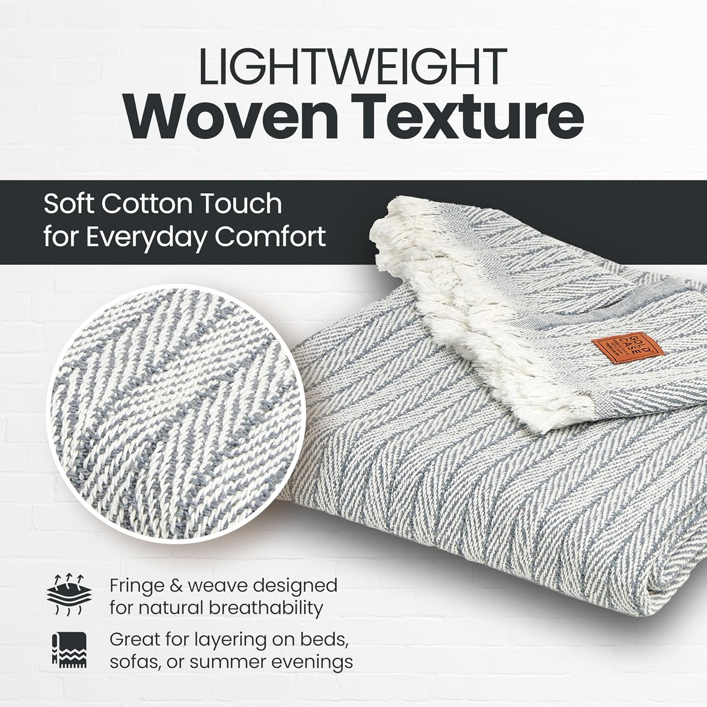 Gold Case Throw Blanket for Couch – 100% Recycled Turkish Cotton Blankets & Throws – Elegant Decorative Throw Blankets for Living Room Sofa – Woven Throws for Couch – Vintage Grey – 50x60