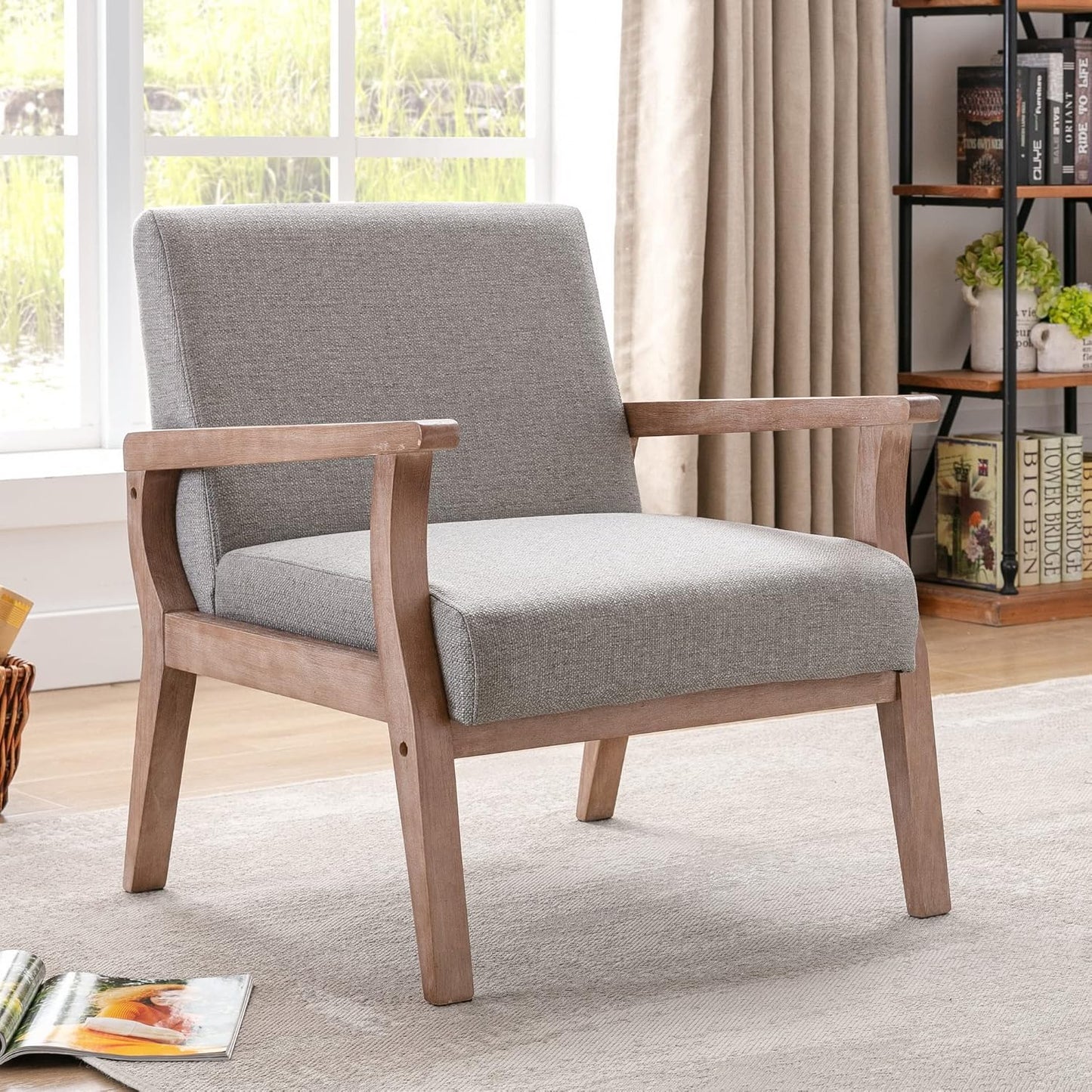 HNY Mid Century Armchair with Hardwood Frames, Linen Upholstered Living Room Chair, for Living Room Bedroom, Light Grey