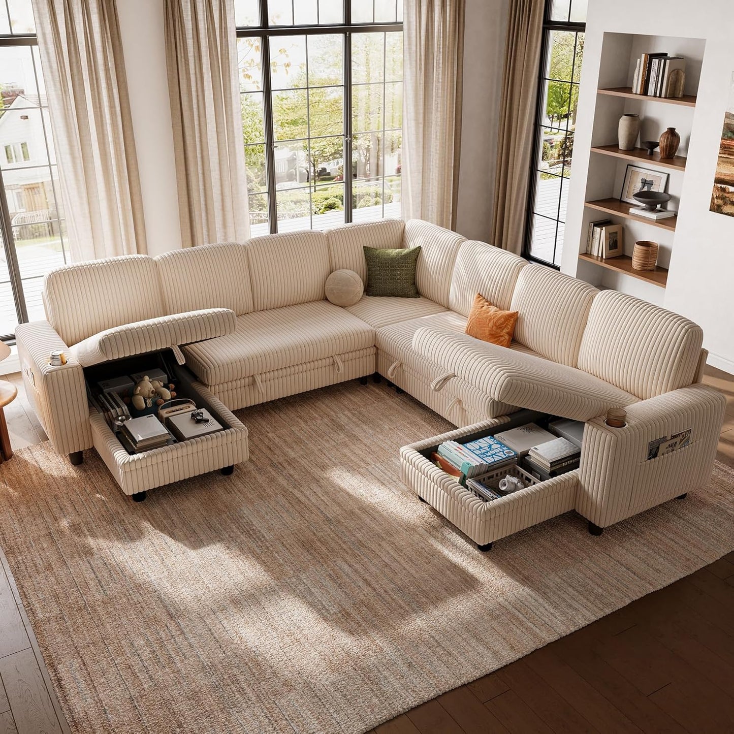 LINSY HOME Sectional Sleeper Sofa with Pull Out Couch Bed - Convertible Plush Corduroy Cloud Couches with Storage Chaise & USB Charging, Comfy Modular Couch for Living Room, Beige