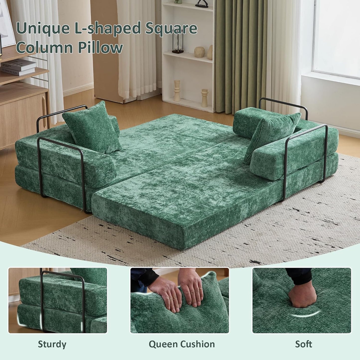 Convertible Sleeper Sofa Bed, Compression Folding Sofa with Pillow, No Assembly Required, Shape Frame, Floor Sofas Lounge Couch for Living Room, Bedroom, Small Spaces(Chenille, 77''W, Dark Green)