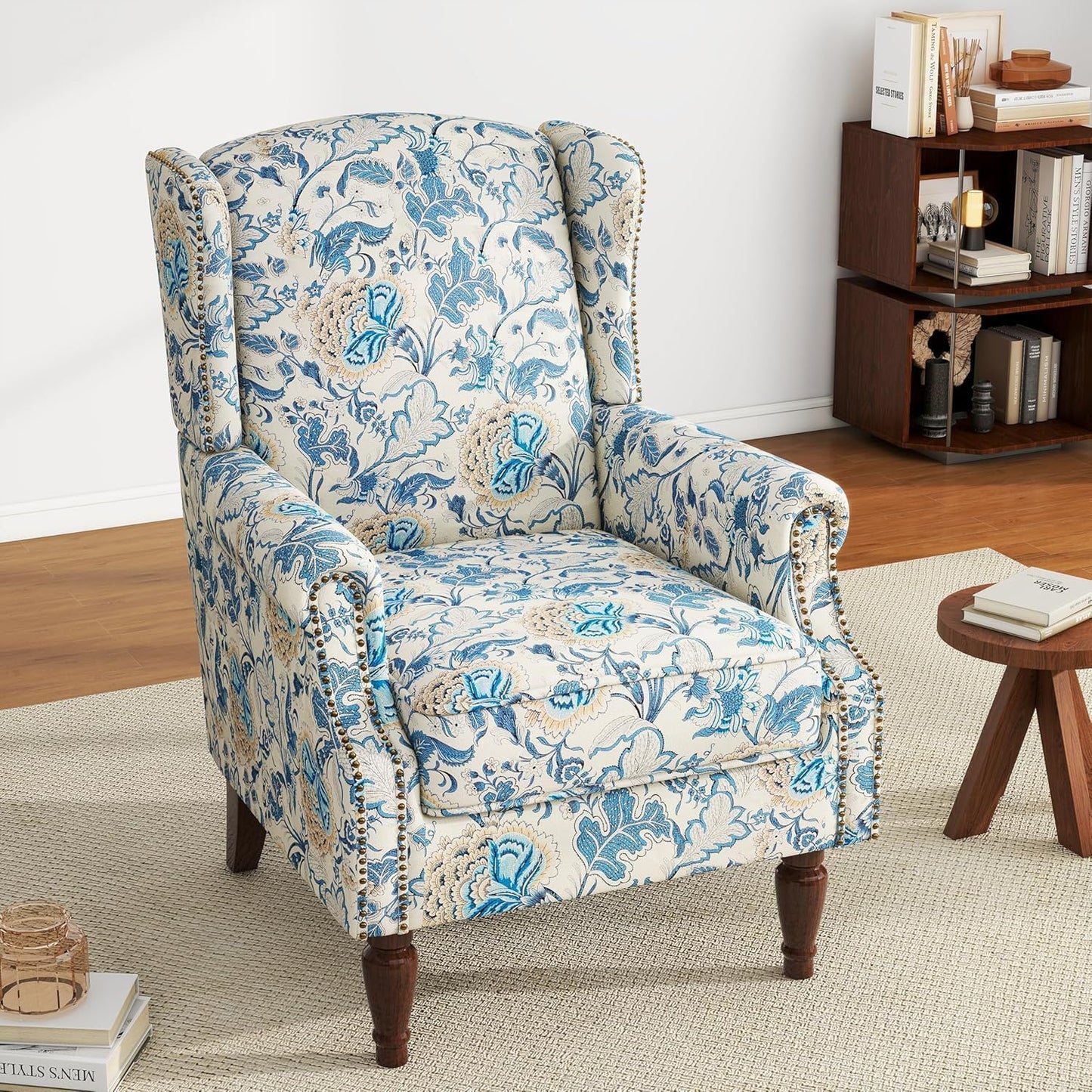 UIXE High Back Floral Accent Chair, Fabric Upholstered Armchair for Living Room, Retro Printed Wingback Arm Chair Nailhead Trim Single Sofa Bedroom Reading Seat - Boho Blue