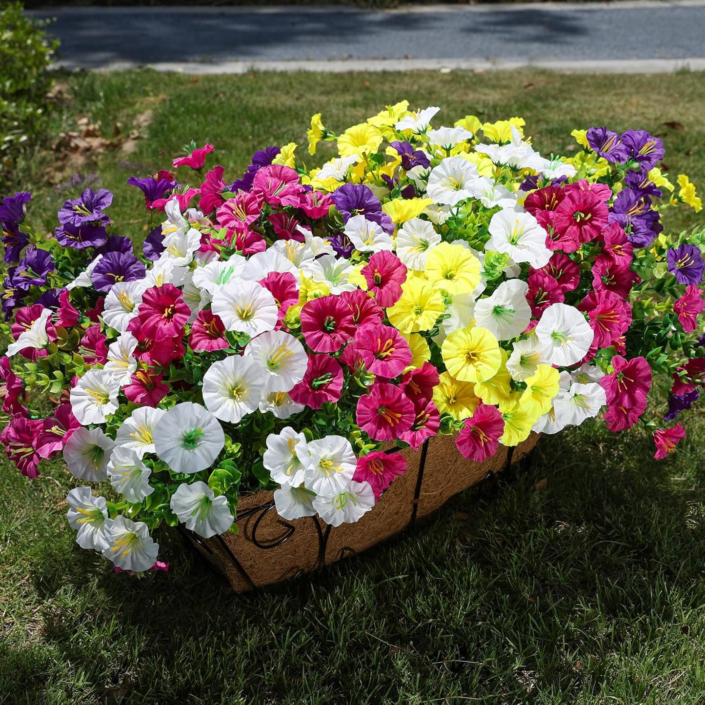 Artificial Flowers for Outdoors Fake Plants Outside Decoration, 12 Bundles Silk Colorful Morning Glory with Eucalyptus UV Resistant Realistic Faux Flowers for Planter Front Door Garden Yard