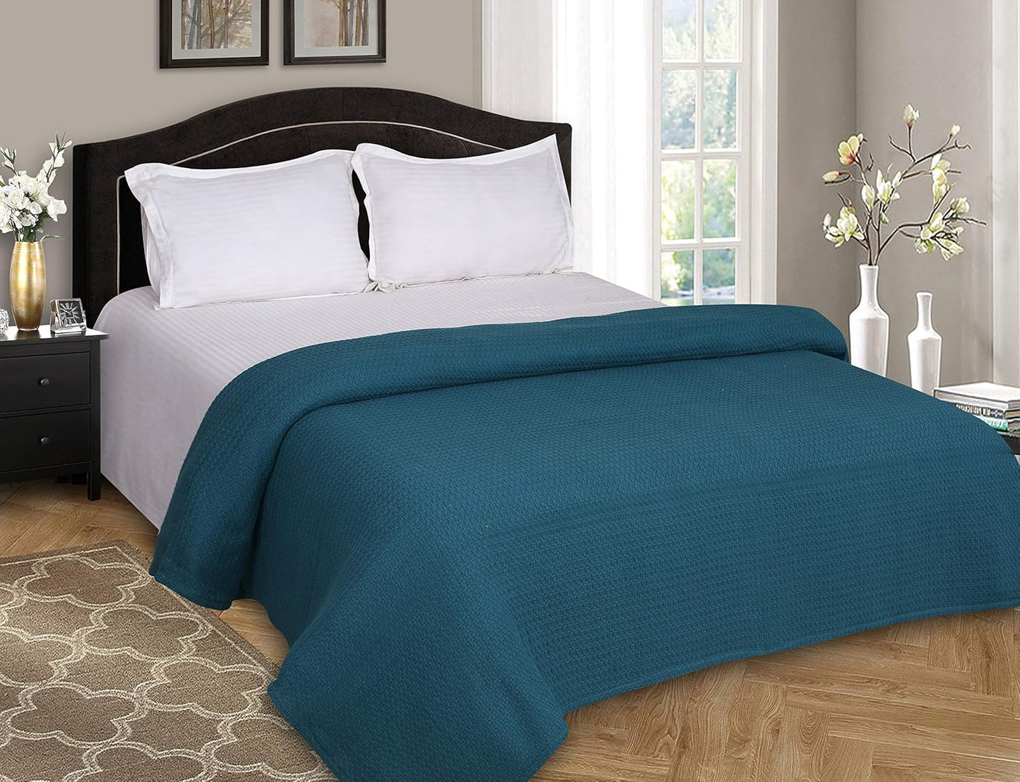 Elvana Home 100% Cotton Bed Blanket, Breathable Bed Blanket Full - Queen Size, Cotton Thermal Blankets Full - Queen, Perfect for Layering Any Bed for All Season, Teal Green