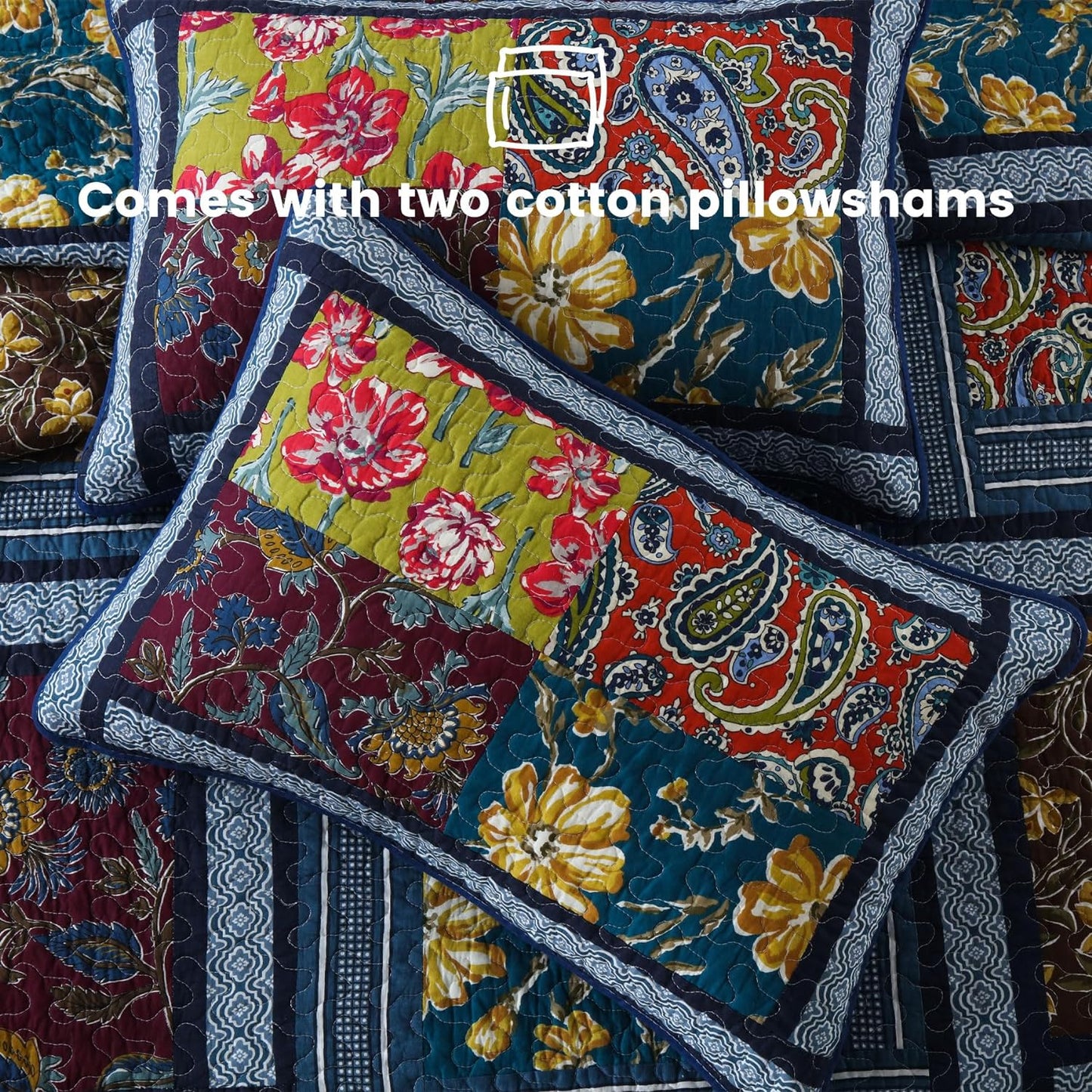 Secgo Queen Comforter Set for Bed - 100% Cotton Quilts Queen Size, Burgundy Bedspreads (90 * 98 Inch) with 2 Pillow Shams, Patchwork Reversible Lightweight Bedding