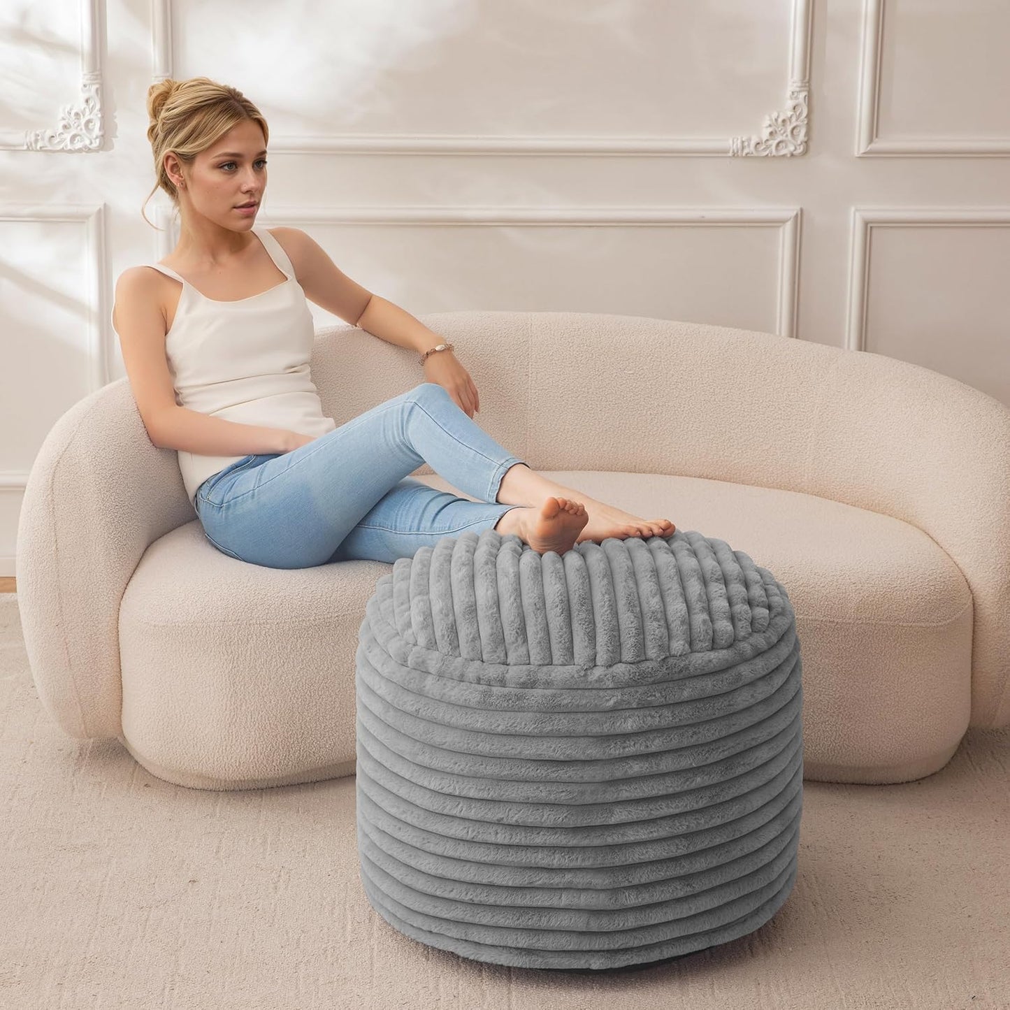 HIGOGOGO Round Stuffed Pouf Ottoman, Stripe Faux Fur Poufs with Foam Chunk Filling, Furry and Fluffy Pouf Foot Stool Storage Ottoman, 20 X 15 Floor Poufs Foot Rest for Living Room, Grey