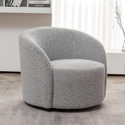 KINWELL 34" W Mid Century Modern Swivel Barrel Chair, Round Upholstered Boucle Swivel Accent Chairs, No Assembly Sofa Chair for Living Room Bedroom Reading Apartment Lounge Nursery(Black White)