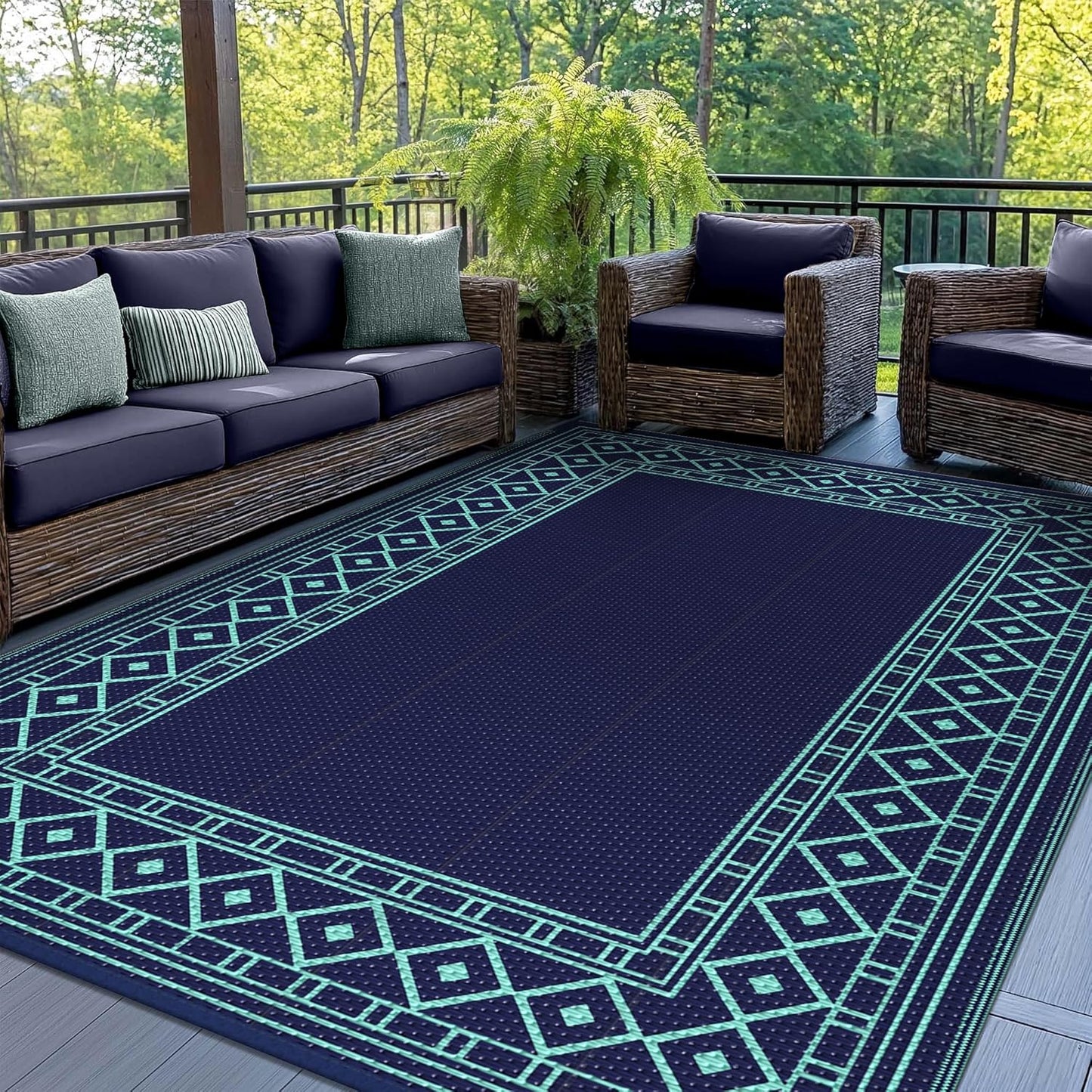 GENIMO Outdoor Rug Waterproof 5'x8' for Patio, Foldable Reversible Plastic Straw Carpet for Travel Trailers, Outside Area Mat for Rv, Deck, Picnic, Porch, Balcony, Beach, Navy Blue & Jade Green