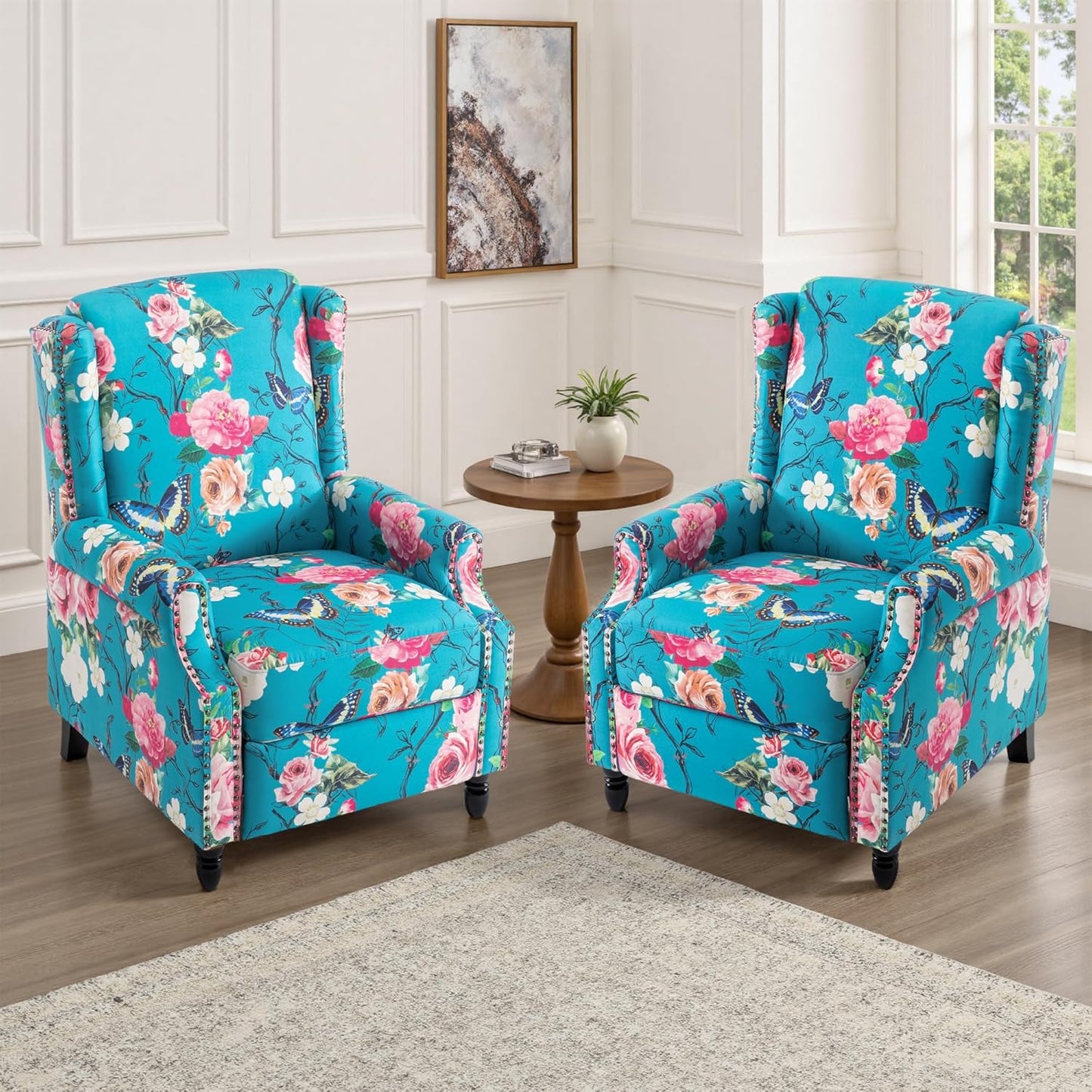UIXE Floral Pushback Recliner Chairs Set of 2, Fabric Upholstered Armchair Push Back Accent Chair for Living Room, Rivet Trim Club Chair Home Theater Single Sofa Reading Seat - Peacock Blue