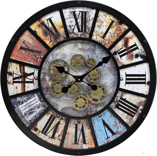 Unique Moving Gear Extra Large Wall Clock 21"-Battery Powered. Retro Industrial Steampunk Country Farmhouse Decor for Living Room, Kitchen,Bars, Restaurants, cafes, Offices(Black- 21")