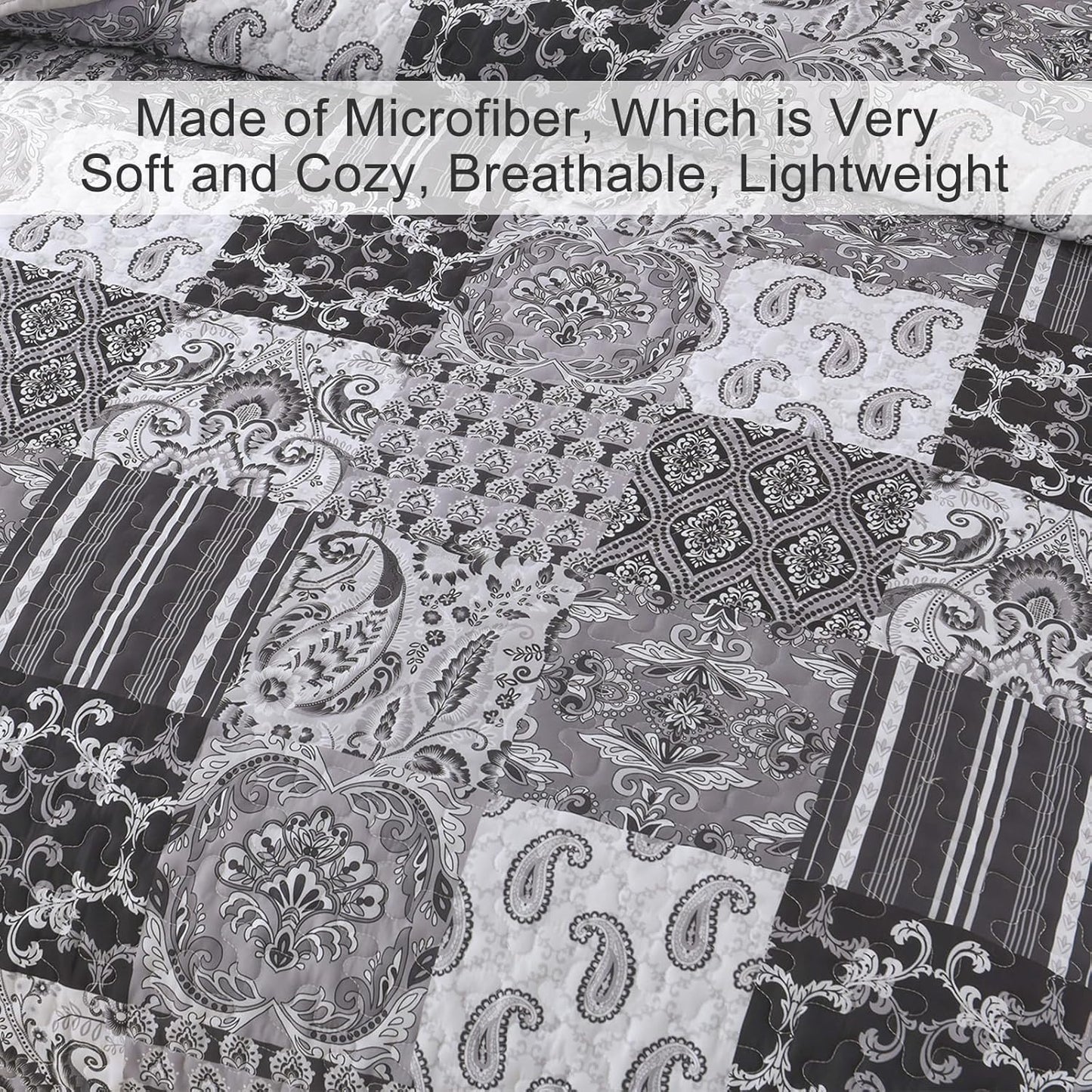 WONGS BEDDING Grey Quilt Set King Size, Patchwork Plaid Bedspread Bedding Sets Soft Microfiber Boho Quilts for King Bed 3 Pieces Coverlet Set for All Season (104"x90")