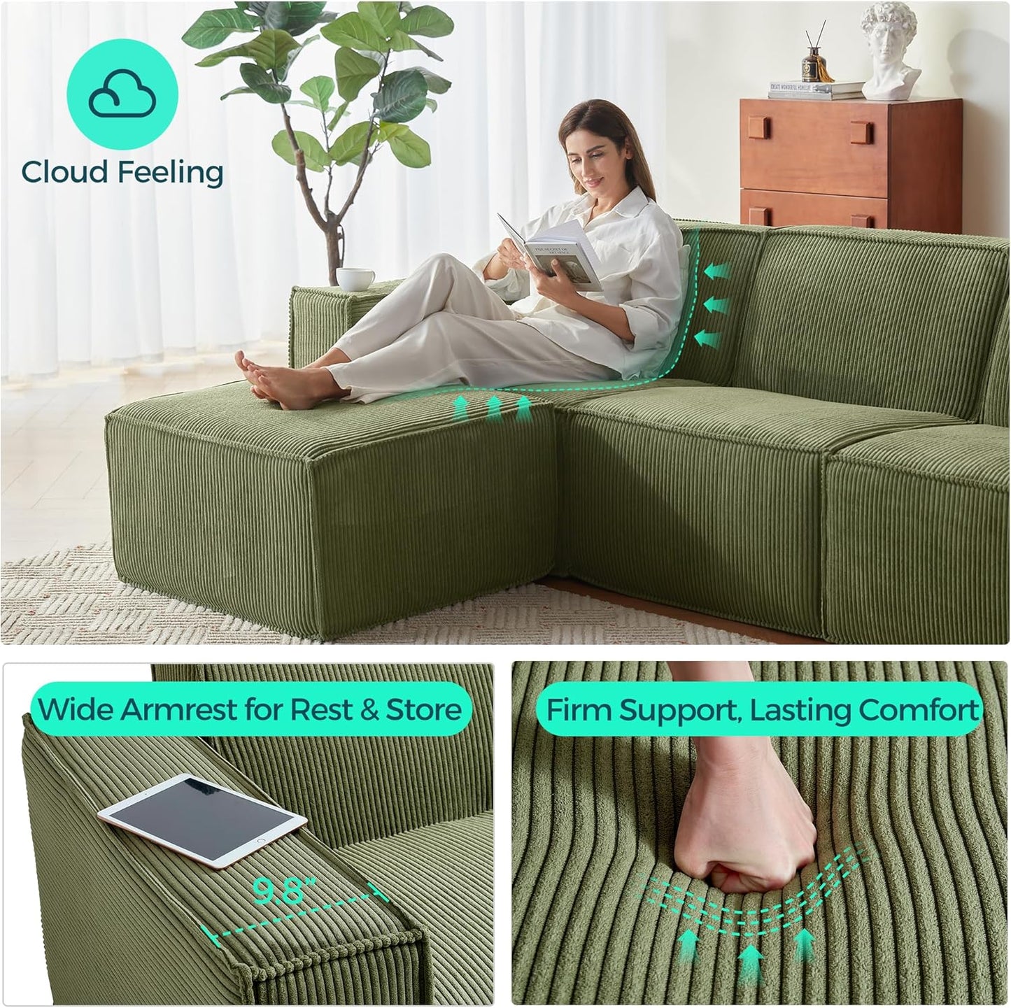 LINSY HOME Modular Sectional Sofa, 105" Boneless Couch U Shaped 3-Seat Sofa with 2 Ottomans, Corduroy Sectional Cloud Couches for Living Room, No Assembly Required, Green