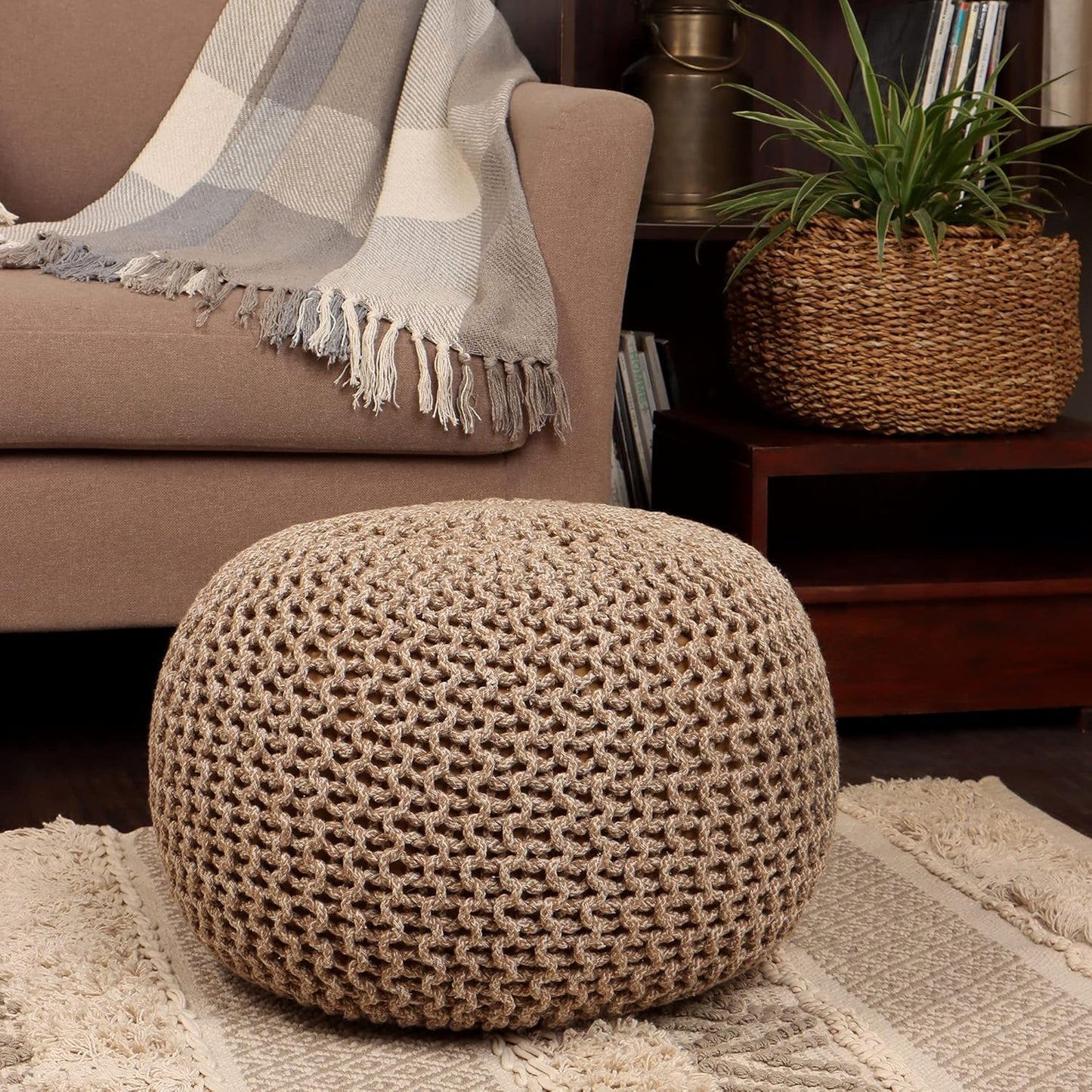 REDEARTH Round Pouf Ottoman - Hand Knitted Cable Boho Poof Home Décor Pouffe Circular Footrest for Living Room - Nursery - Bedroom - Lounge 100% Cotton (18”x18”x14”) - Beige Ivory