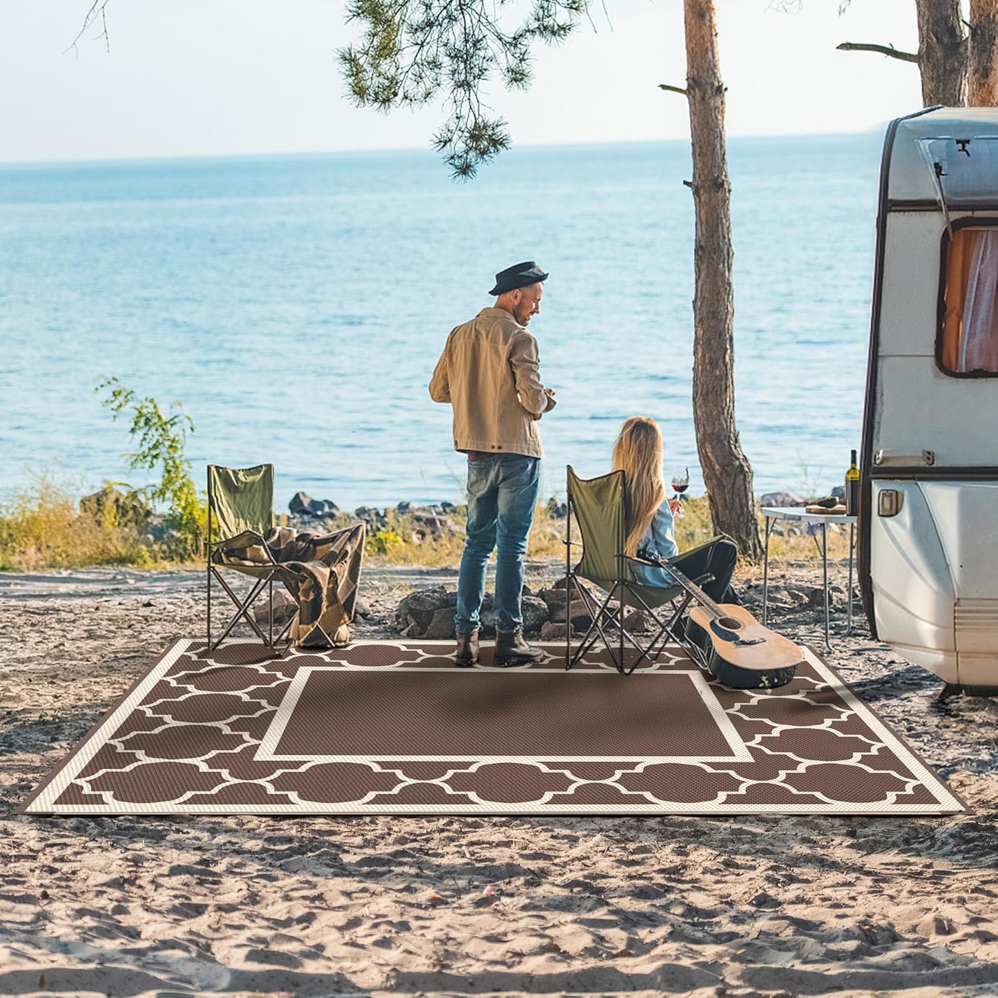 GENIMO 5' x 8' Outdoor Rug Waterproof for Patio Decor, Foldable Reversible Plastic Straw Area Rugs Mat for Camper, Outside Carpet for Rv, Deck, Porch, Picnic, Beach, Balcony, Coffee & Beige