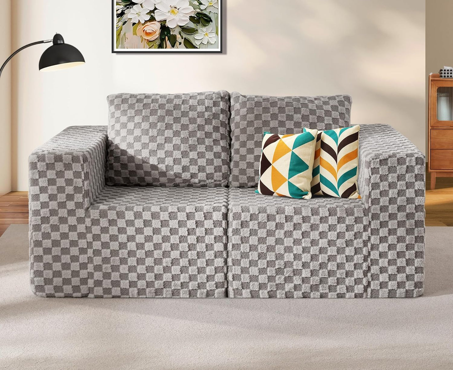 Modular Sectional Sofa 2 Seater Loveseat Modular Couch with Deep Seat Memory Foam Cloud Chair with Pillows Oversized Sectional Sofa for Living Room Bedroom (Plush Grey, Loveseat)