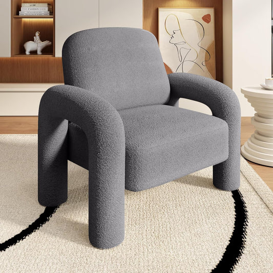 Modern Sherpa Accent Chair, Teddy Upholstered Arm Single Sofa, Cozy Fluffy Reading Chair for Living Room, Bedrooms, Corner (Grey)