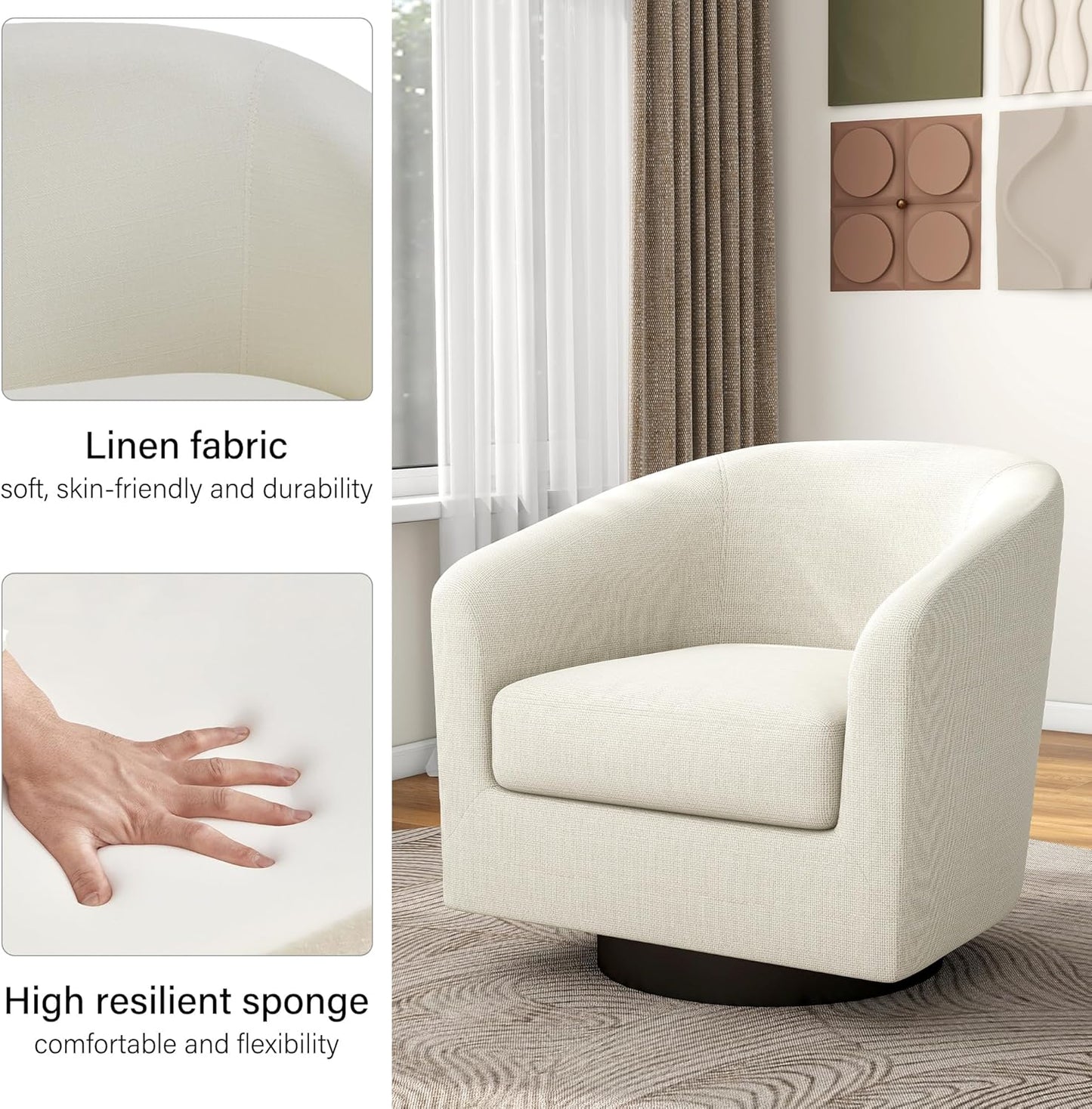 Swivel Barrel Accent Chair, Modern Round Linen Arm Chair for Living Room, Bedroom, Comfy Club Reading Chairs for Adults（Linen Fabric, Beige, Set of 1