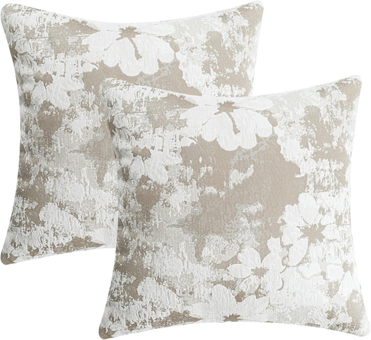 Jacquard Throw Pillow Covers 18x18 Inch Set of 2 - Vintage Floral Boho Pillow Cases with Botanical Pattern | Farmhouse Decor for Couch | Soft Textured Neutral Trio Light Khaki Warm Beige 18" x 18"