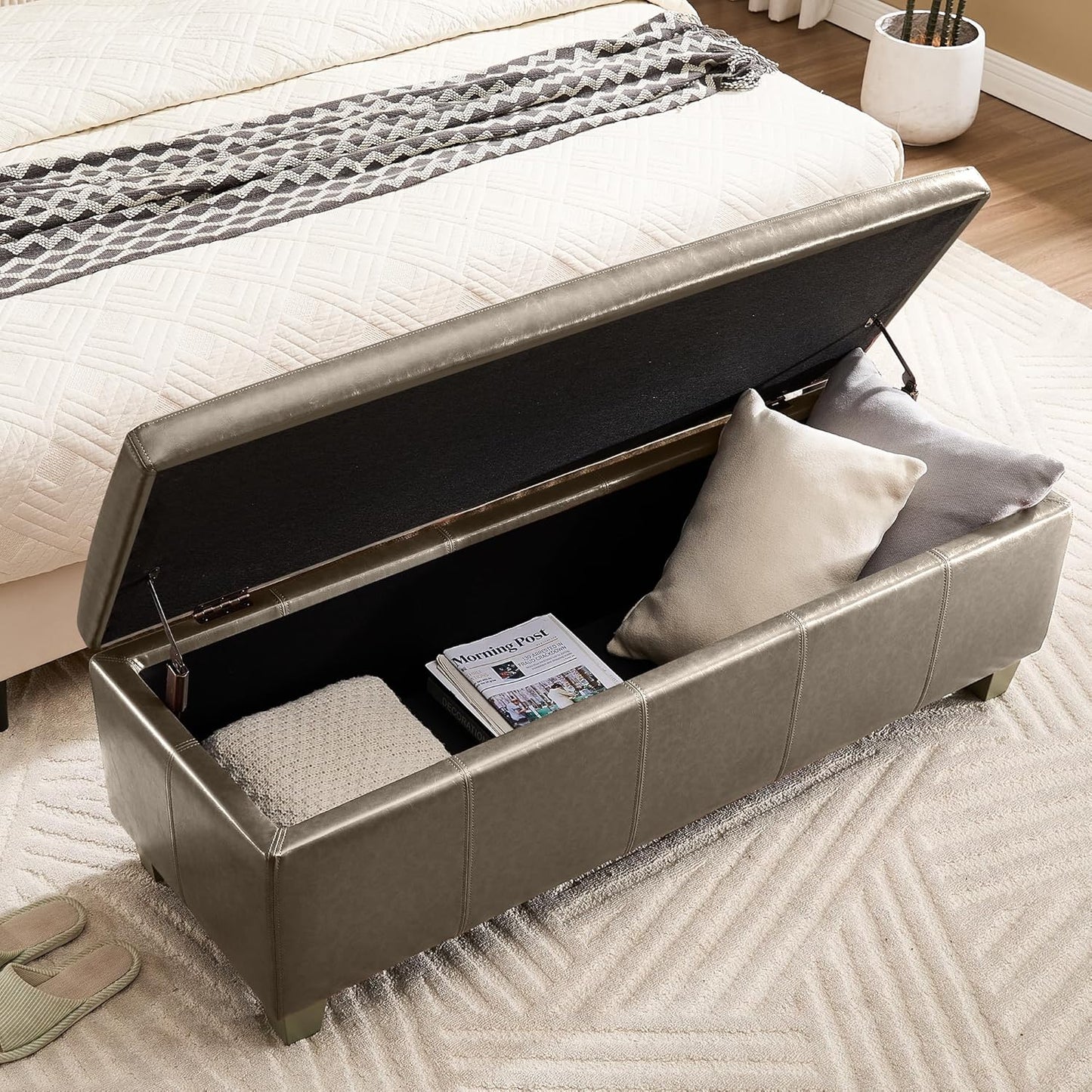 41" Faux Leather Storage Ottoman, Stitch Tufted Rectangle Upholstered End of Bed Storage Bench, Entryway Large Couch Ottoman with Wooden Legs,Grey