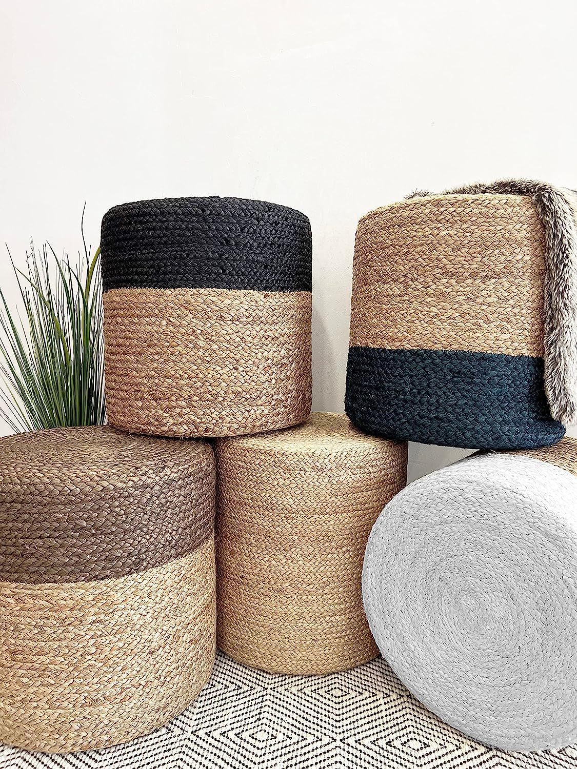 Jute Pouf Ottoman | Footrest Pouf | Hand Braided - Round Boho Pouffe - for Living Room, Bedroom, Nursery (16"x16"x16") Black