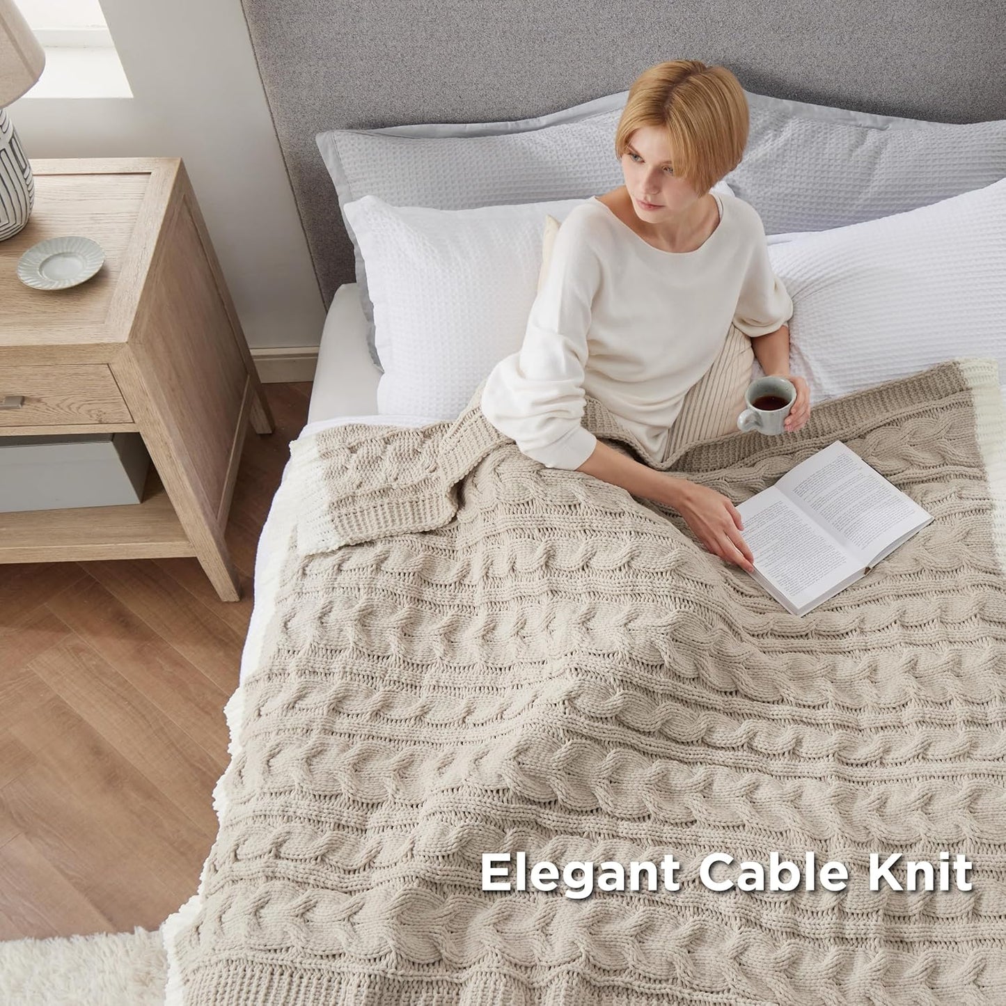 Bedsure Cable Knit Twin Blanket for Couch Bed - Breathable Chenille Chunky Knit Twin Blanket for Decorative Gift, GentleSoft Cozy and Warm for Winter and All Seasons, Beige, 60x80 Inches