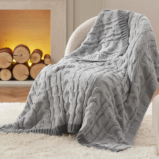Bedsure Cable Knit Twin Blanket for Couch Bed - Breathable Chenille Chunky Knit Twin Blanket for Decorative Gift, GentleSoft Cozy and Warm for Winter and All Seasons, Grey, 60x80 Inches